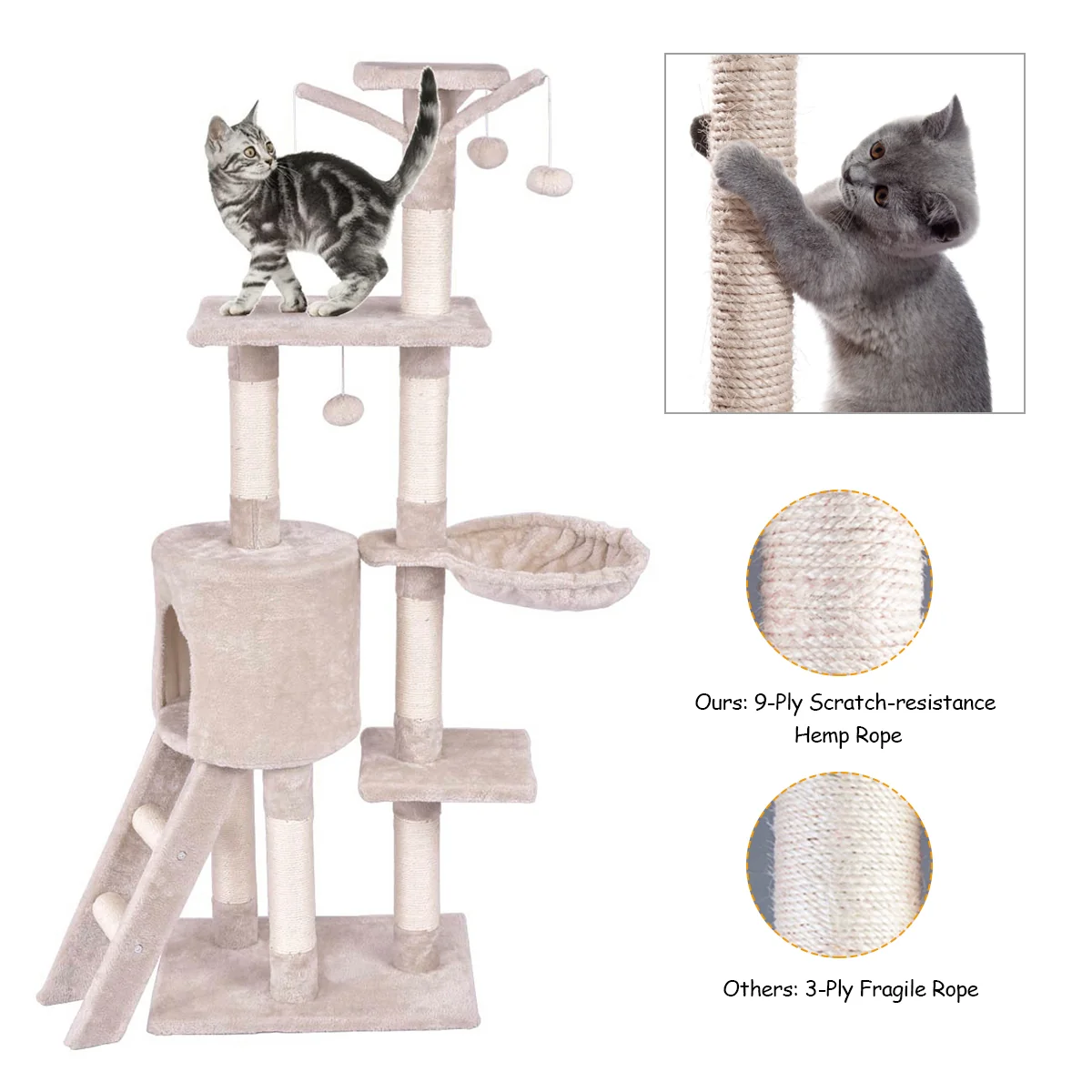 56 Inch Condo Scratching Posts Ladder Cat Play Tree, Beige - Image 8