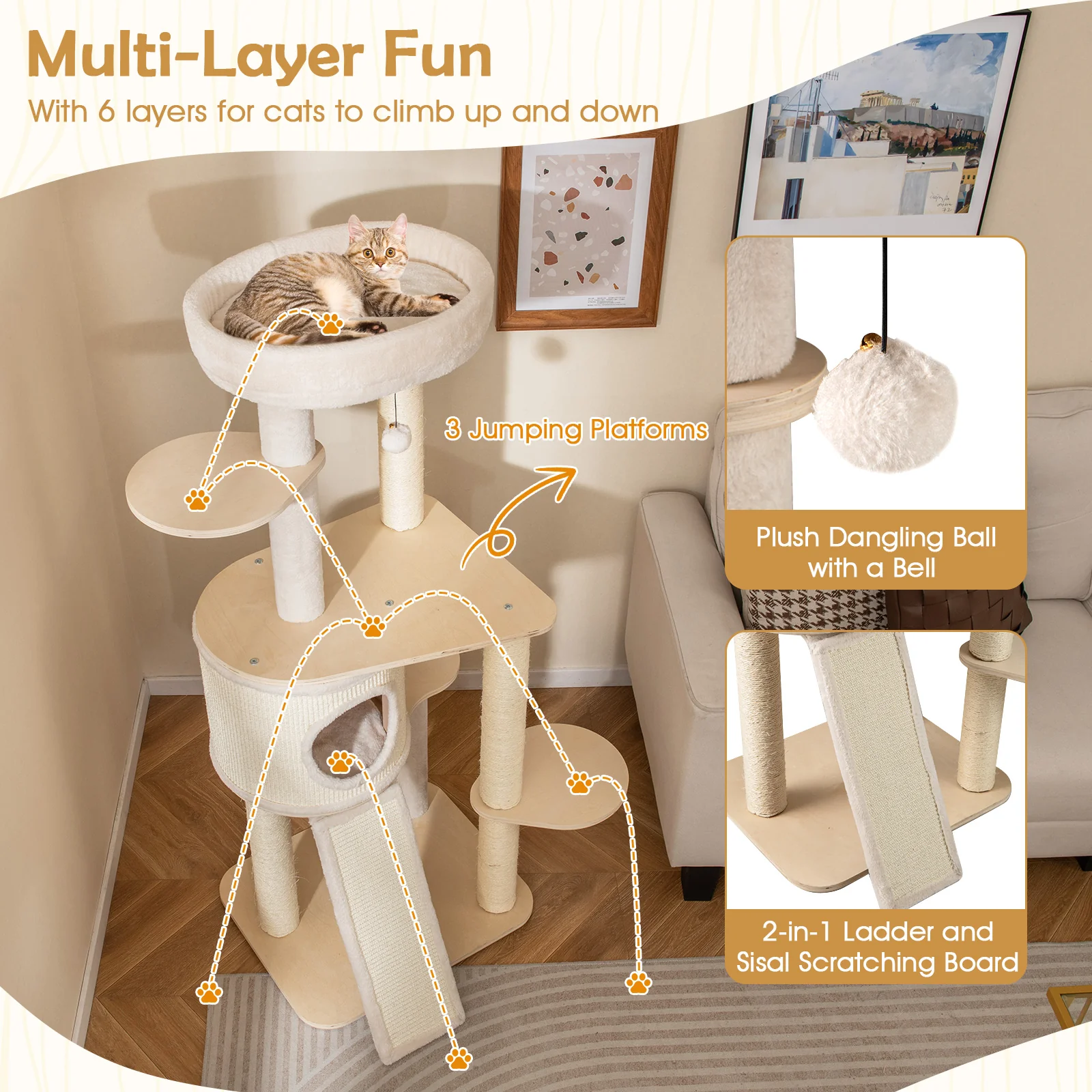 56 Inch Tall Cat Tree with 2 Sisal Scratching Posts and Ladder-NA, Natural - Image 10