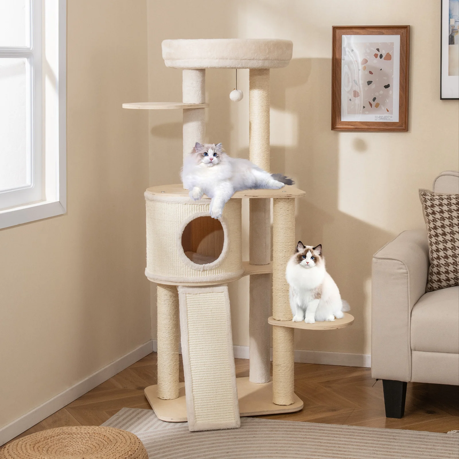 56 Inch Tall Cat Tree with 2 Sisal Scratching Posts and Ladder-NA, Natural - Image 2