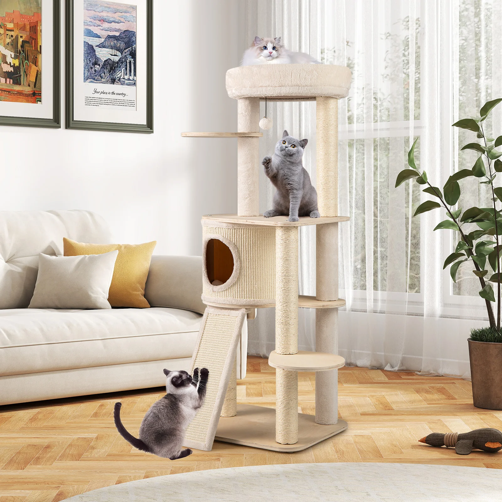 56 Inch Tall Cat Tree with 2 Sisal Scratching Posts and Ladder-NA, Natural - Image 3