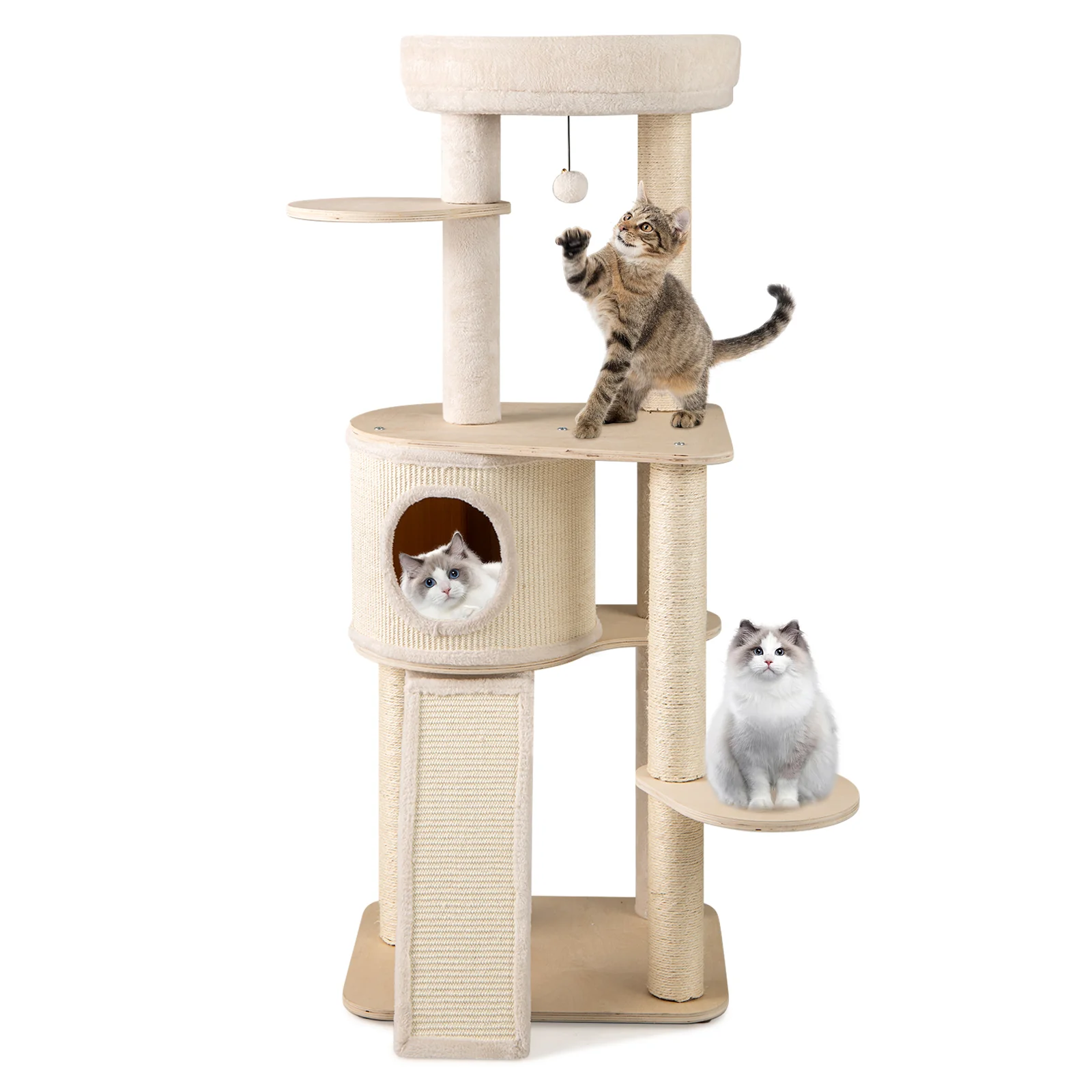 56 Inch Tall Cat Tree with 2 Sisal Scratching Posts and Ladder-NA, Natural - Image 4