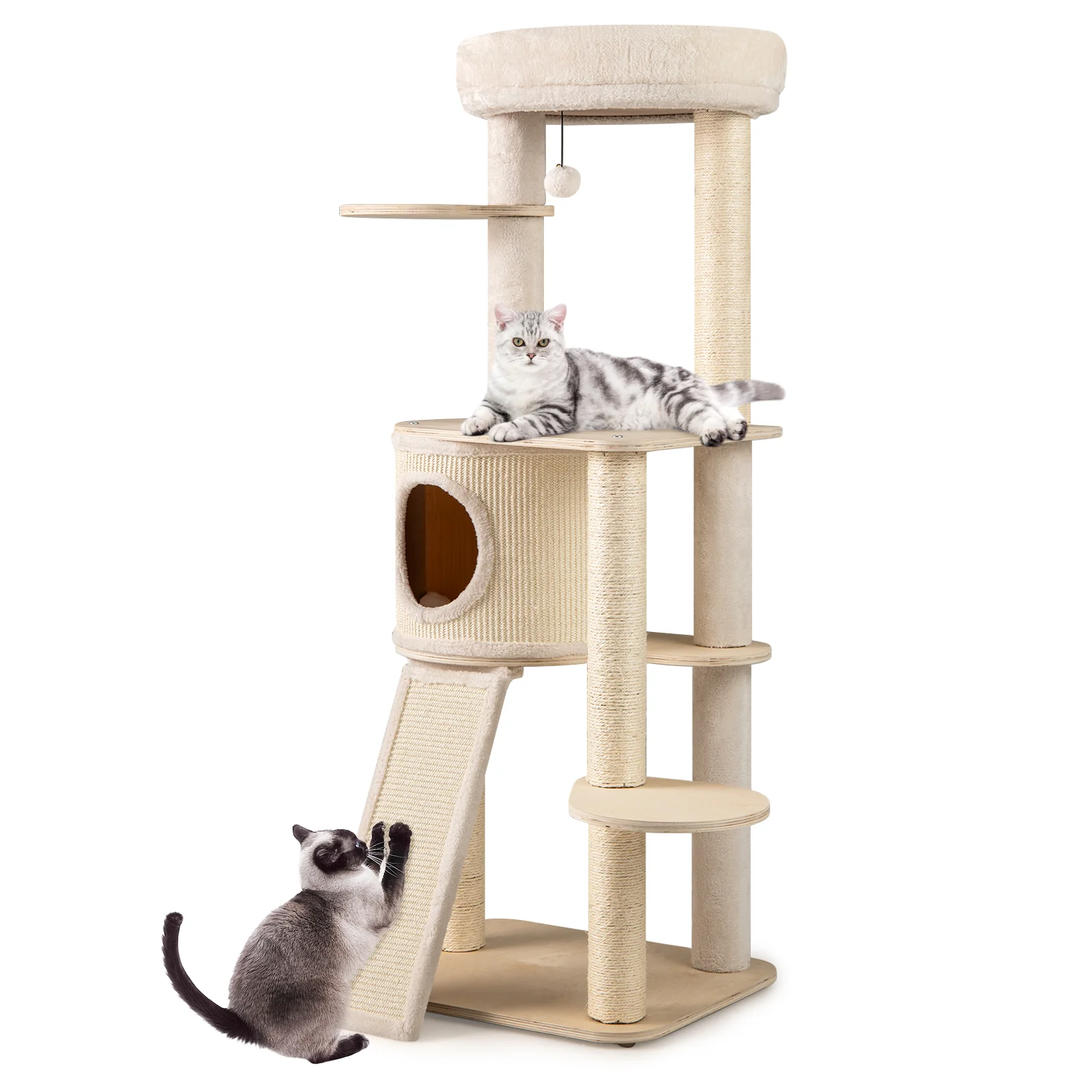 56 Inch Tall Cat Tree with 2 Sisal Scratching Posts and Ladder-NA, Natural - Image 5