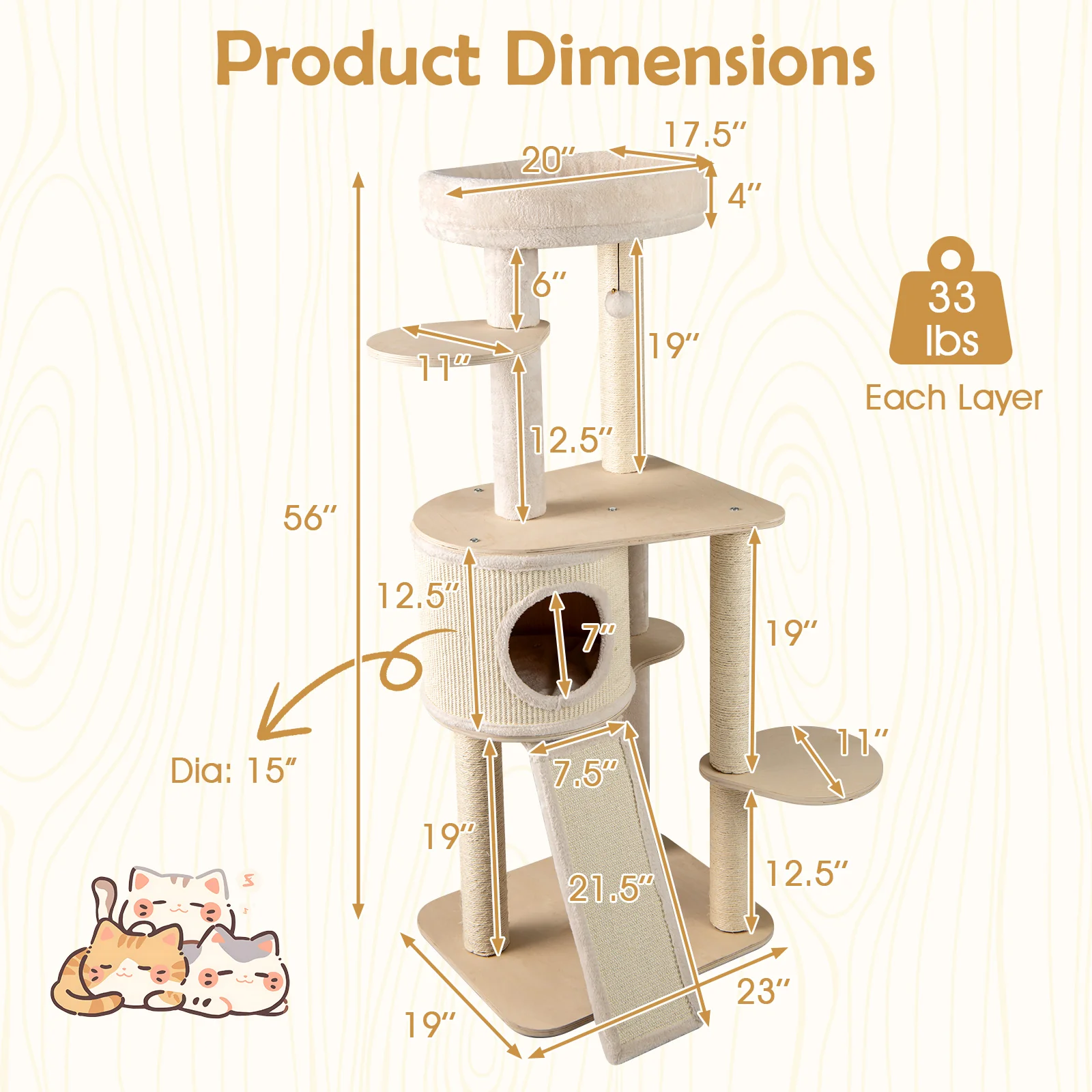 56 Inch Tall Cat Tree with 2 Sisal Scratching Posts and Ladder-NA, Natural - Image 6
