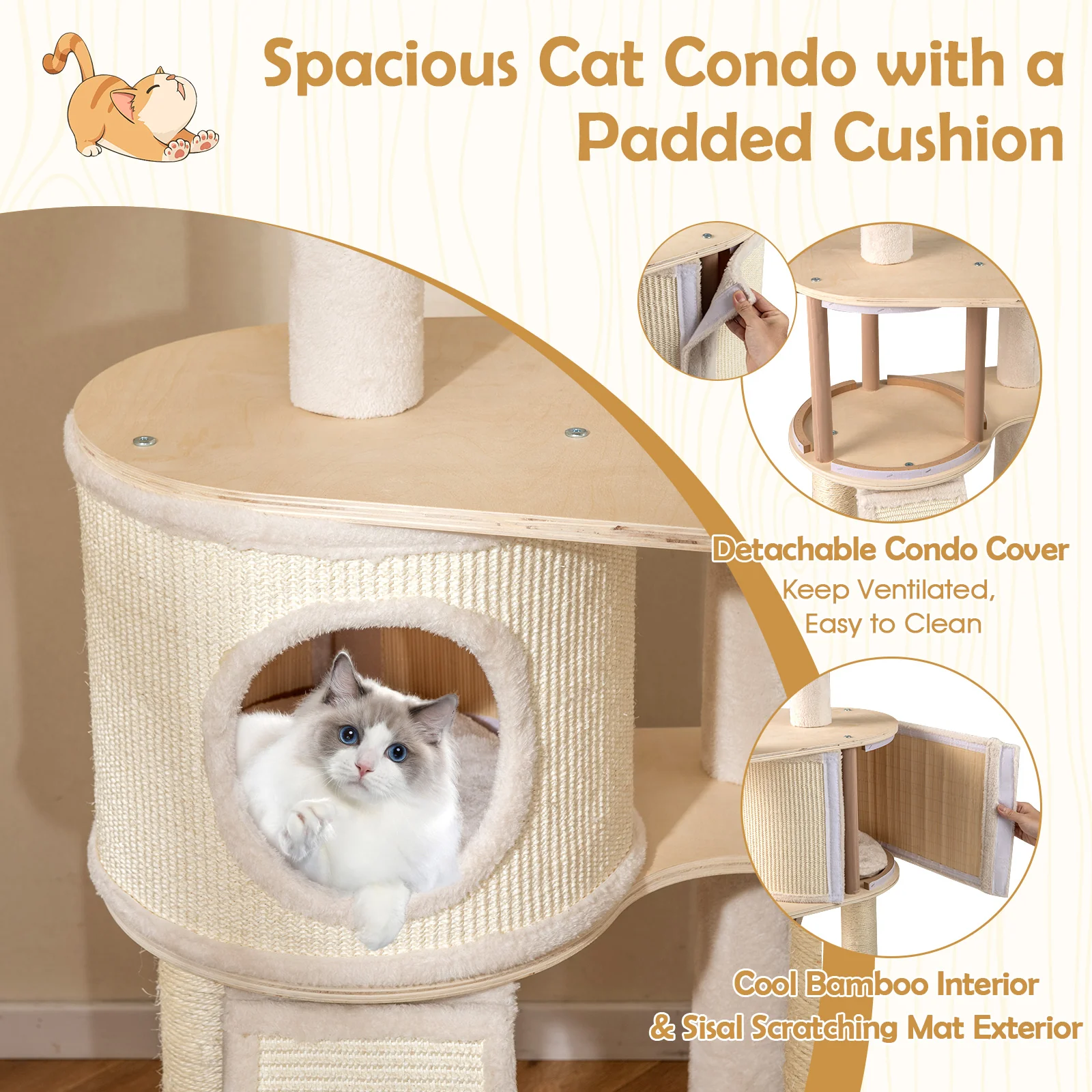 56 Inch Tall Cat Tree with 2 Sisal Scratching Posts and Ladder-NA, Natural - Image 7