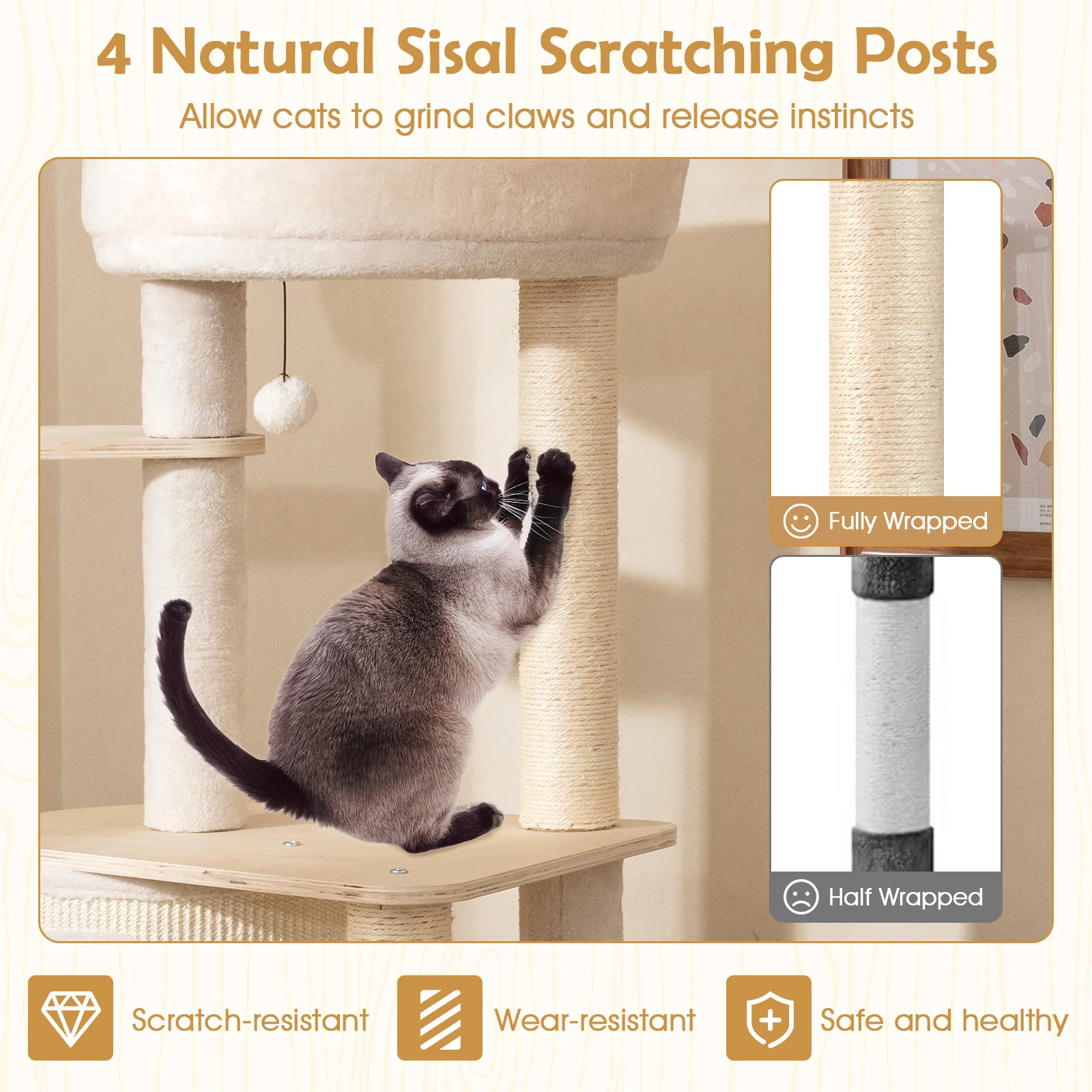 56 Inch Tall Cat Tree with 2 Sisal Scratching Posts and Ladder-NA, Natural - Image 9