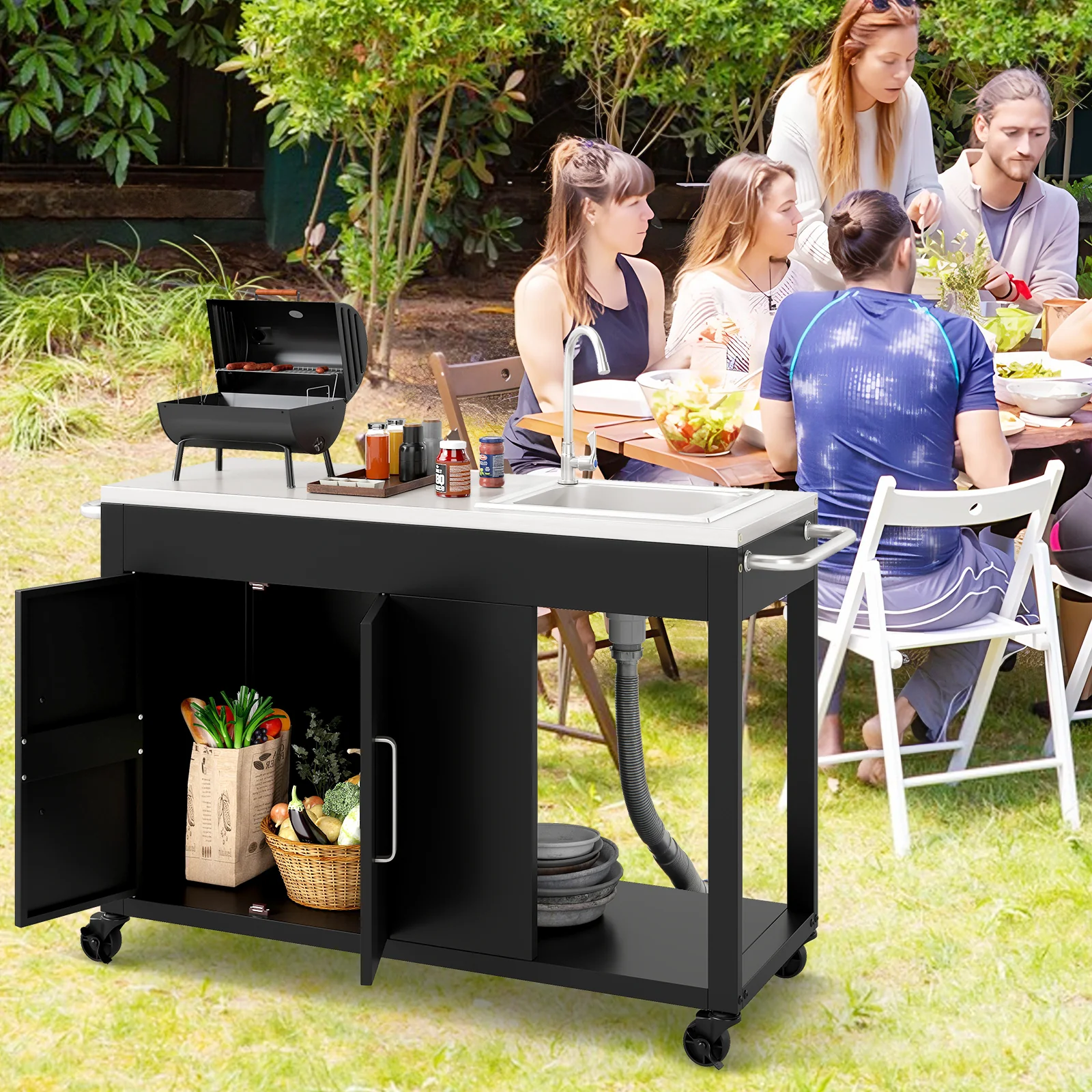56 Inches Outdoor Grill Table With Sink, Stainless Steel Top, Black - Image 3