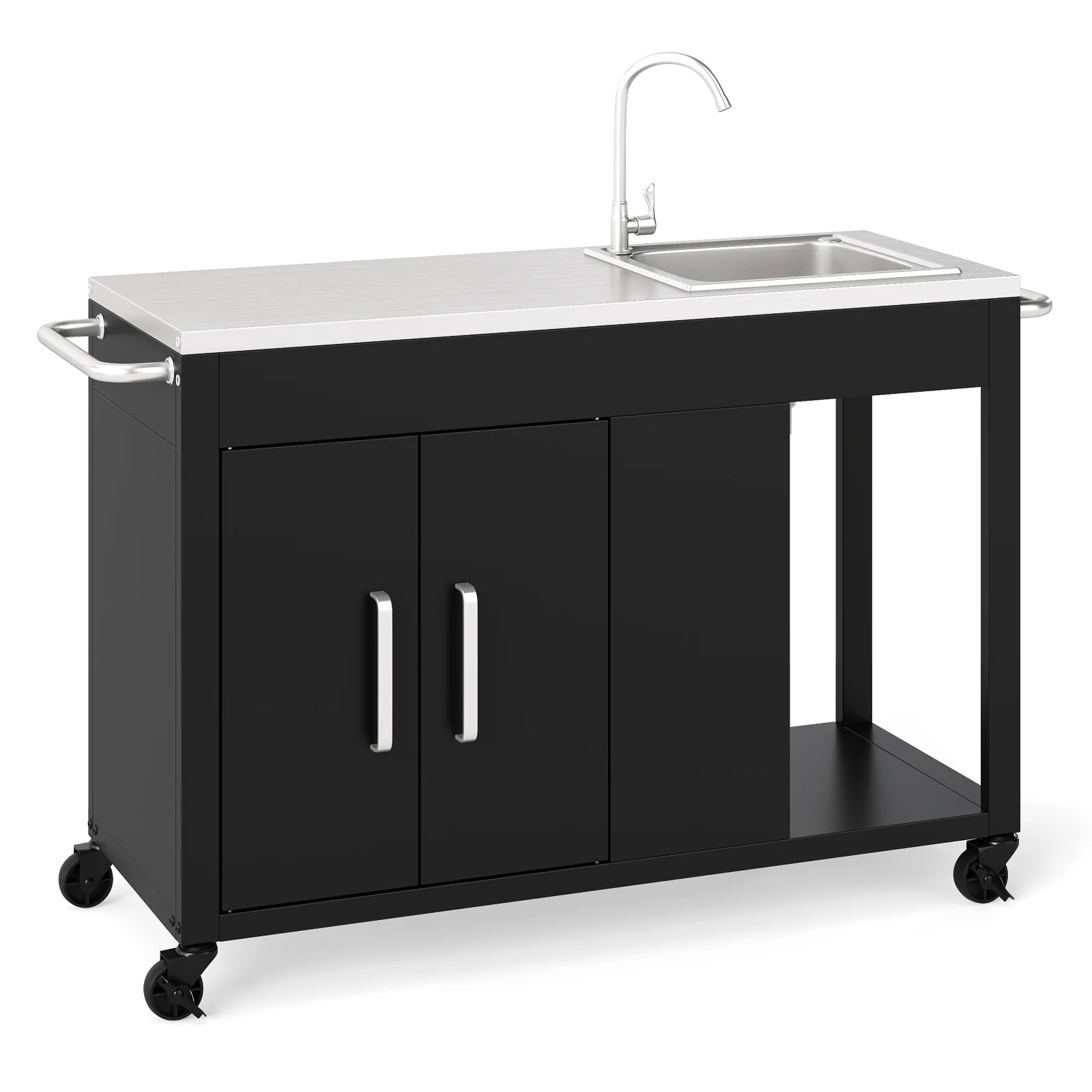 56 Inches Outdoor Grill Table With Sink, Stainless Steel Top, Black - Image 4