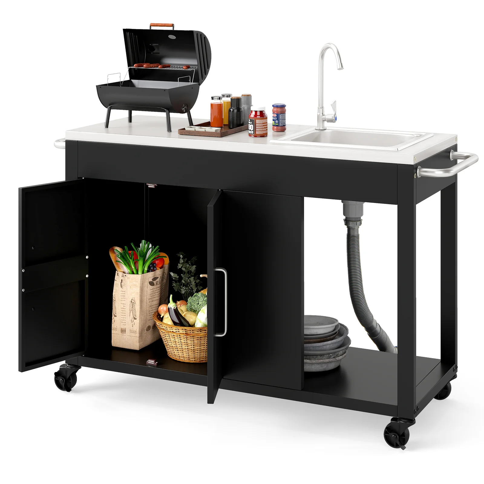 56 Inches Outdoor Grill Table With Sink, Stainless Steel Top, Black - Image 5