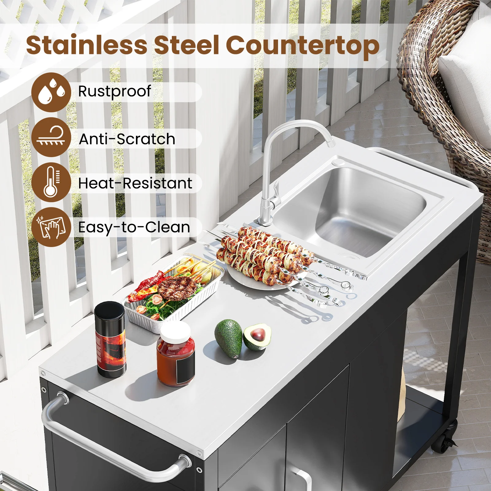 56 Inches Outdoor Grill Table With Sink, Stainless Steel Top, Black - Image 7
