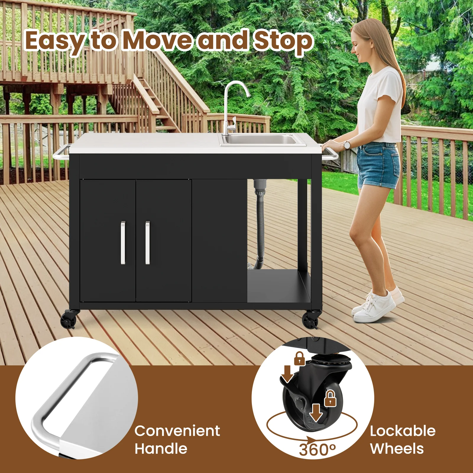 56 Inches Outdoor Grill Table With Sink, Stainless Steel Top, Black - Image 8