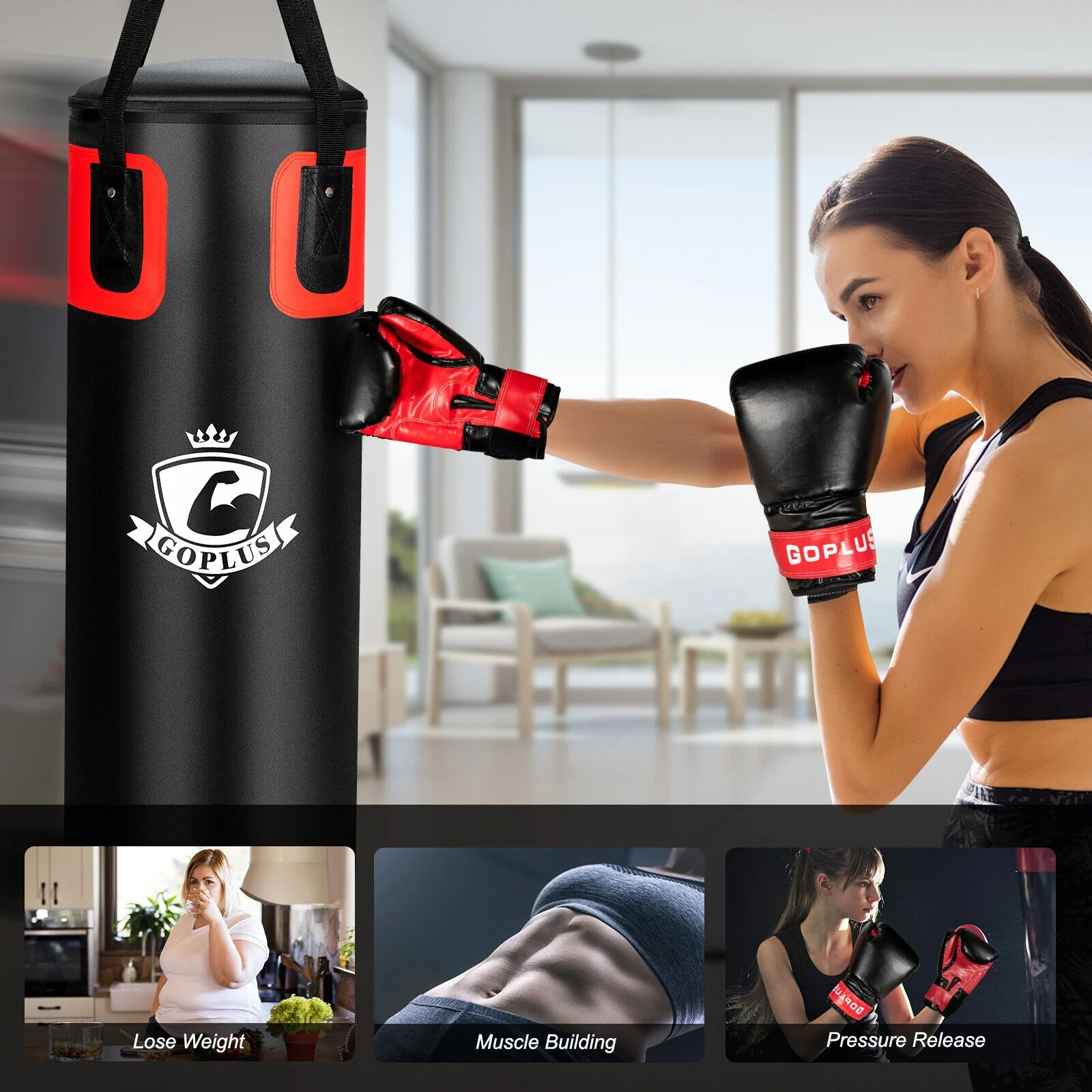 56 Lbs Filled Punching Bag Set For Adults, Black - Image 7