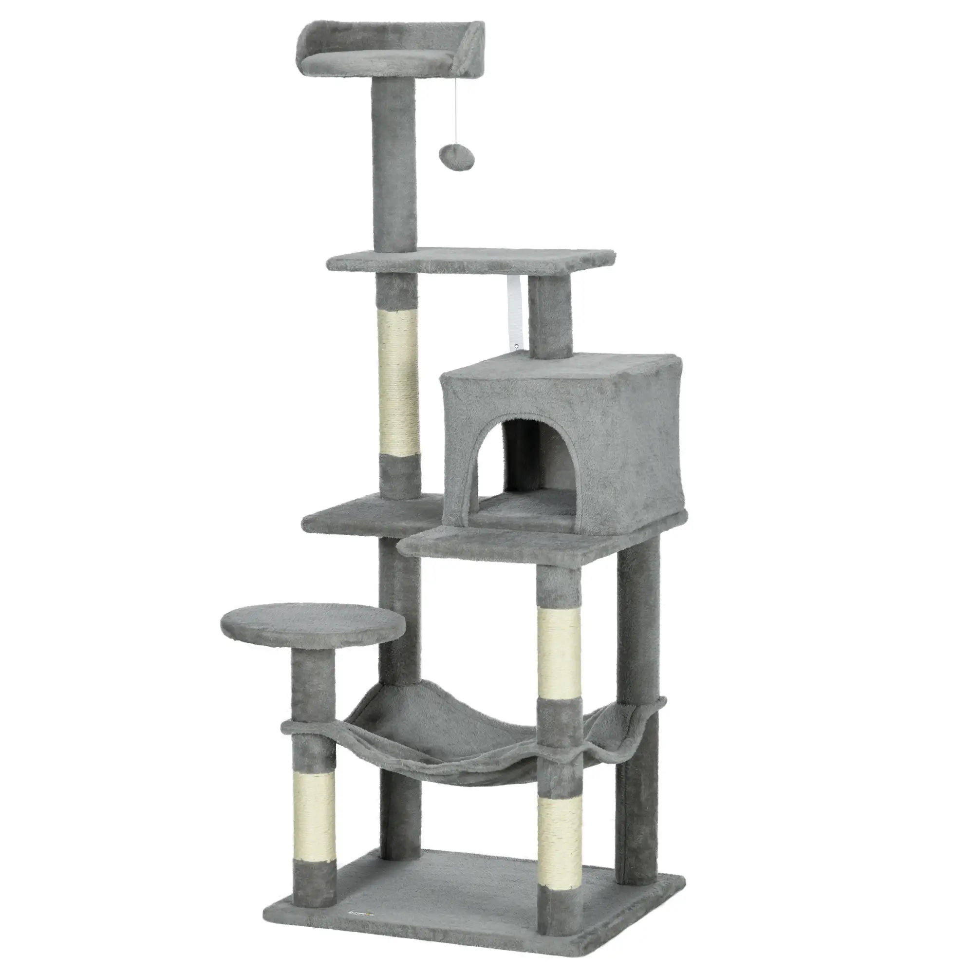 56" Tall Cat Tree, Multi-Level Tower with Hammock, Bed, Condo, Sisal Scratching Posts, Grey