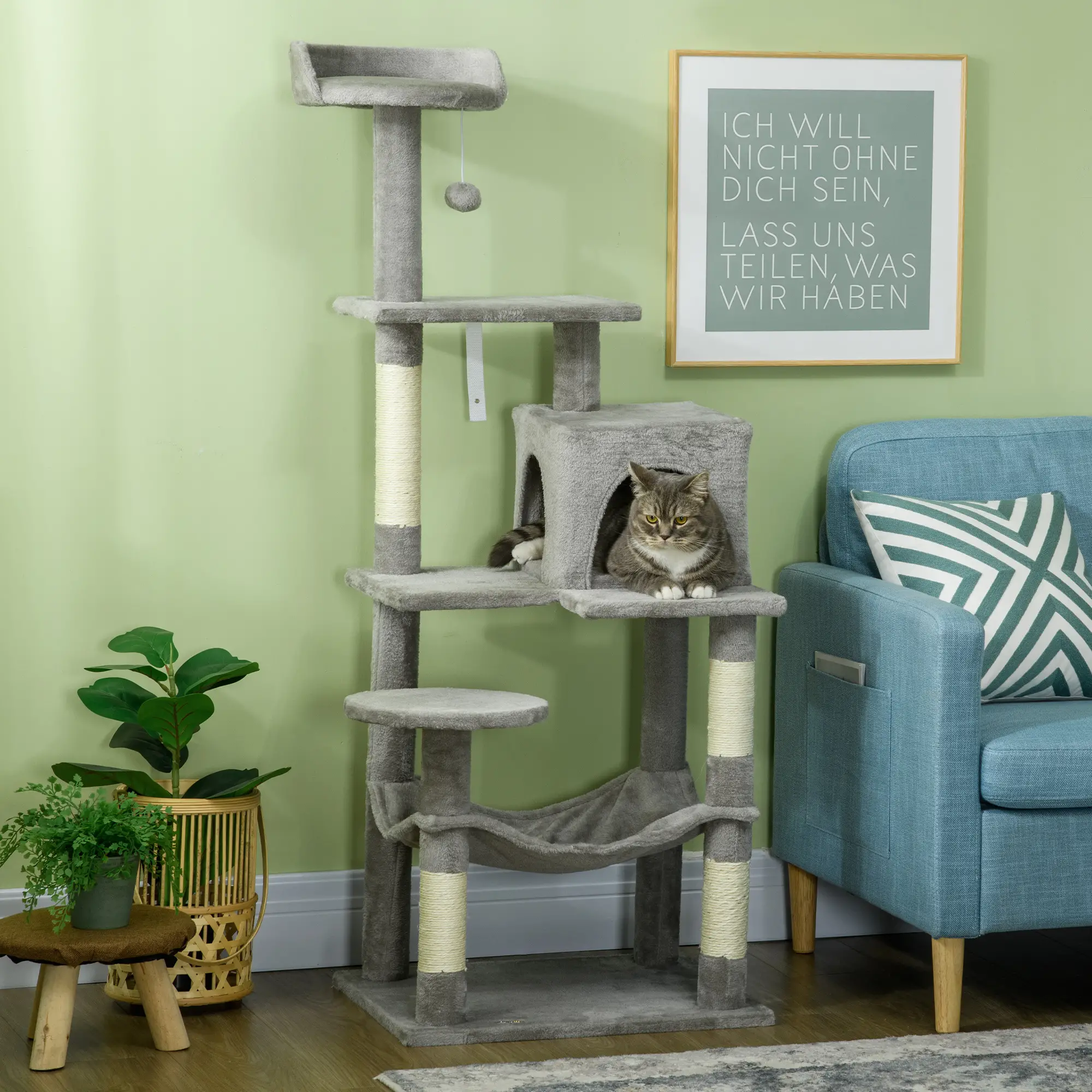 56" Tall Cat Tree, Multi-Level Tower with Hammock, Bed, Condo, Sisal Scratching Posts, Grey - Image 10