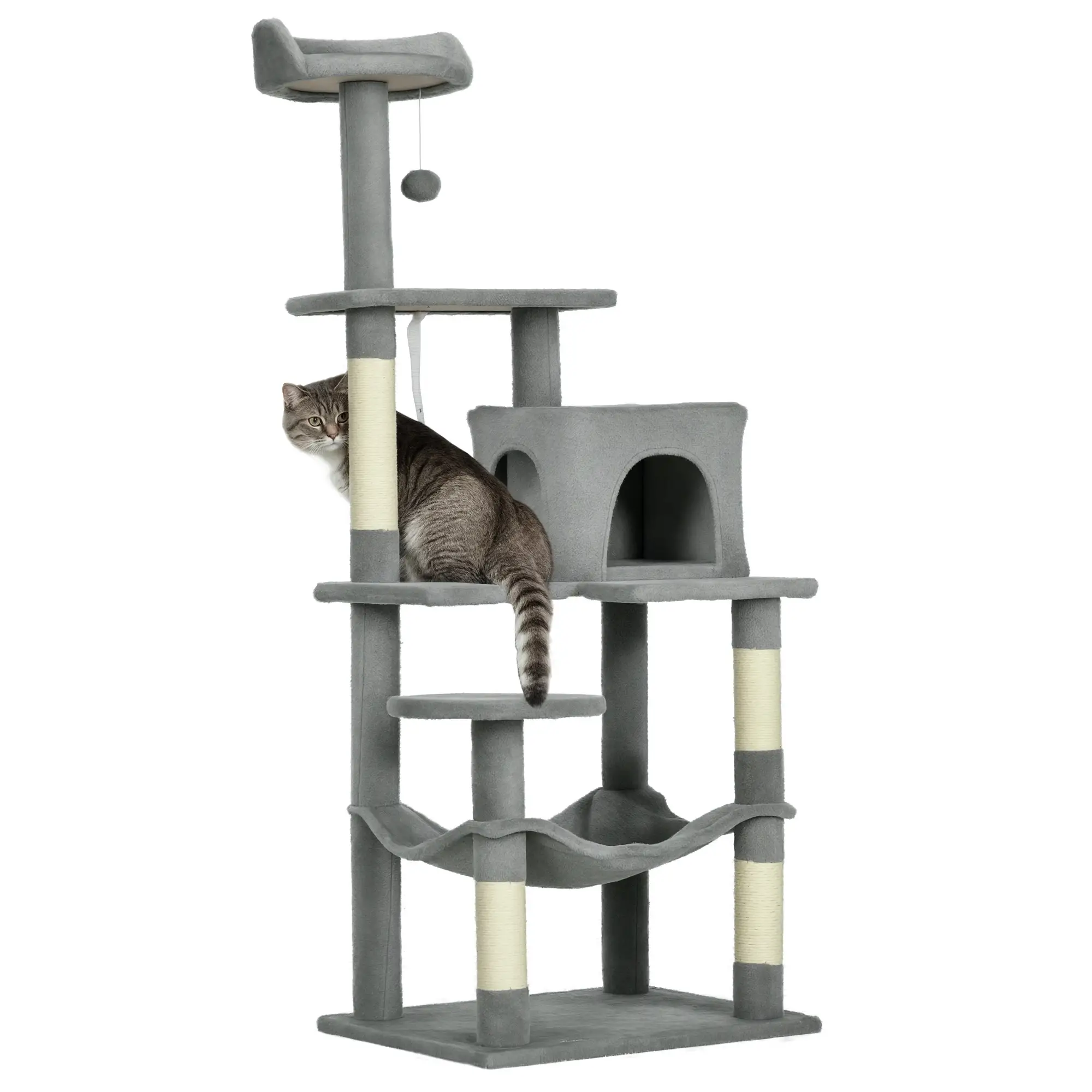 56" Tall Cat Tree, Multi-Level Tower with Hammock, Bed, Condo, Sisal Scratching Posts, Grey - Image 11