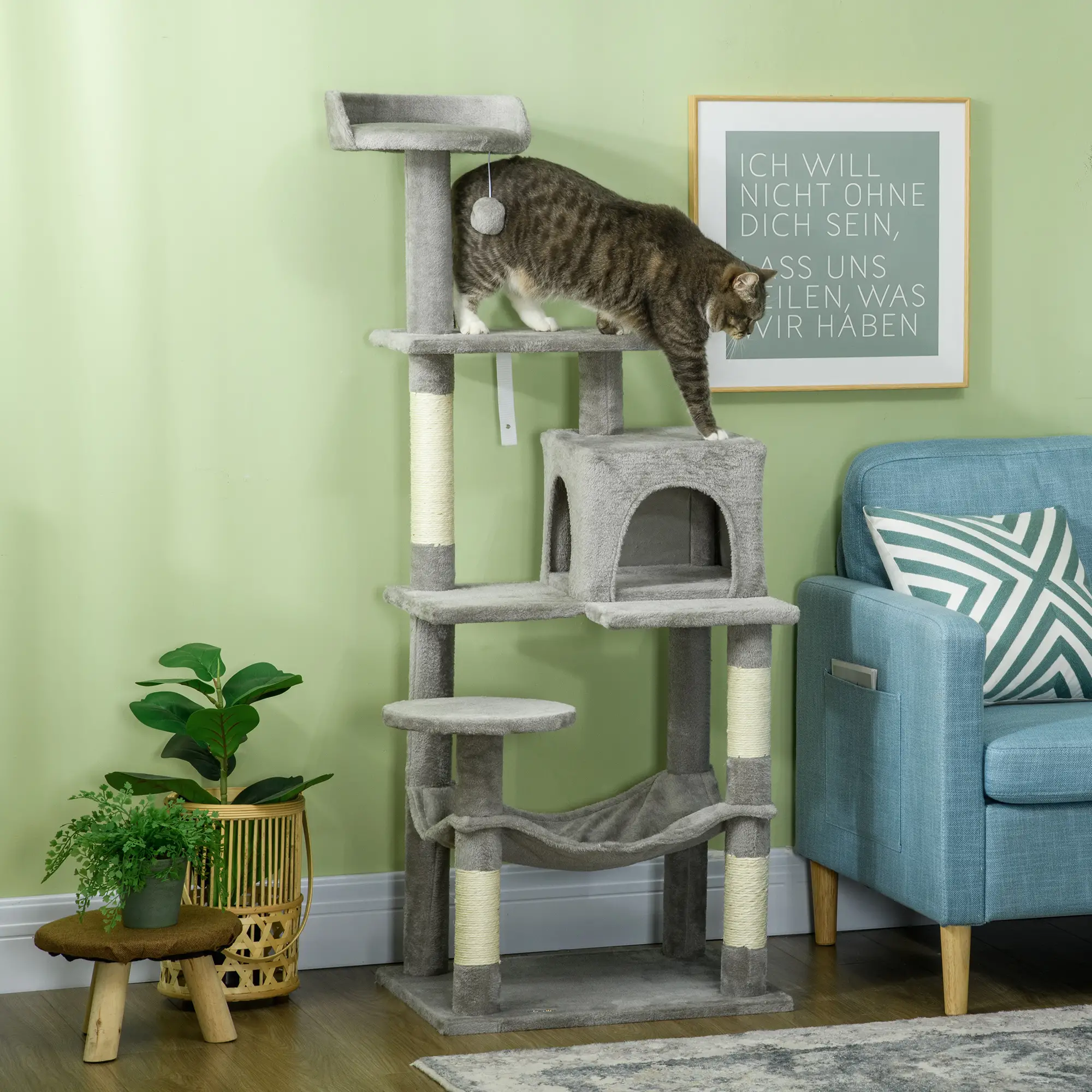 56" Tall Cat Tree, Multi-Level Tower with Hammock, Bed, Condo, Sisal Scratching Posts, Grey - Image 2