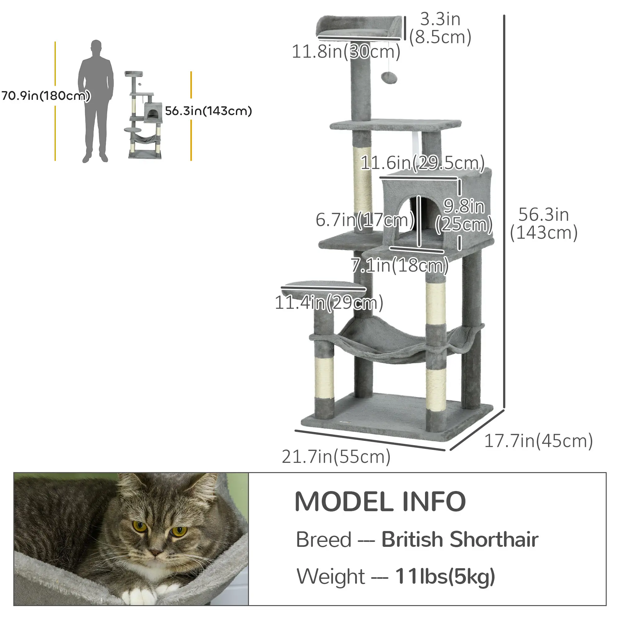 56" Tall Cat Tree, Multi-Level Tower with Hammock, Bed, Condo, Sisal Scratching Posts, Grey - Image 3