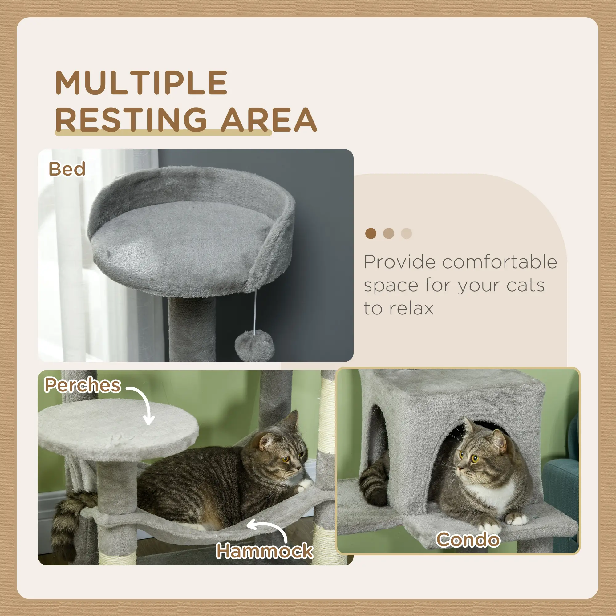 56" Tall Cat Tree, Multi-Level Tower with Hammock, Bed, Condo, Sisal Scratching Posts, Grey - Image 4