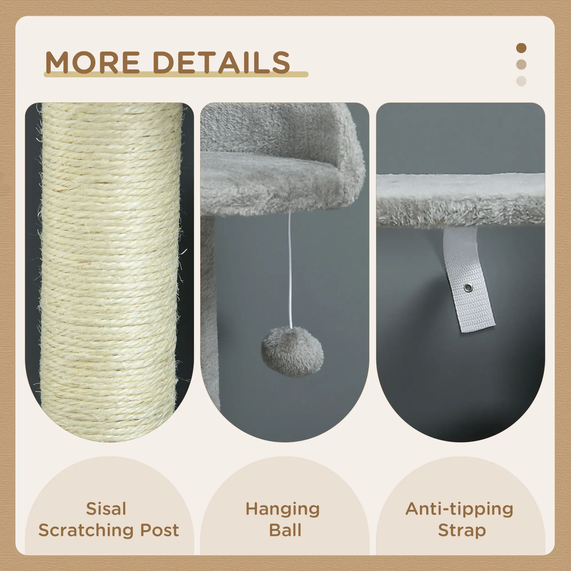 56" Tall Cat Tree, Multi-Level Tower with Hammock, Bed, Condo, Sisal Scratching Posts, Grey - Image 5