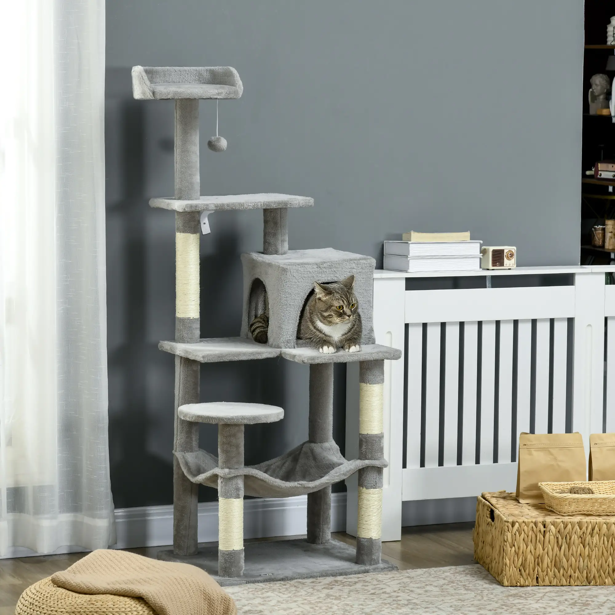 56" Tall Cat Tree, Multi-Level Tower with Hammock, Bed, Condo, Sisal Scratching Posts, Grey - Image 8