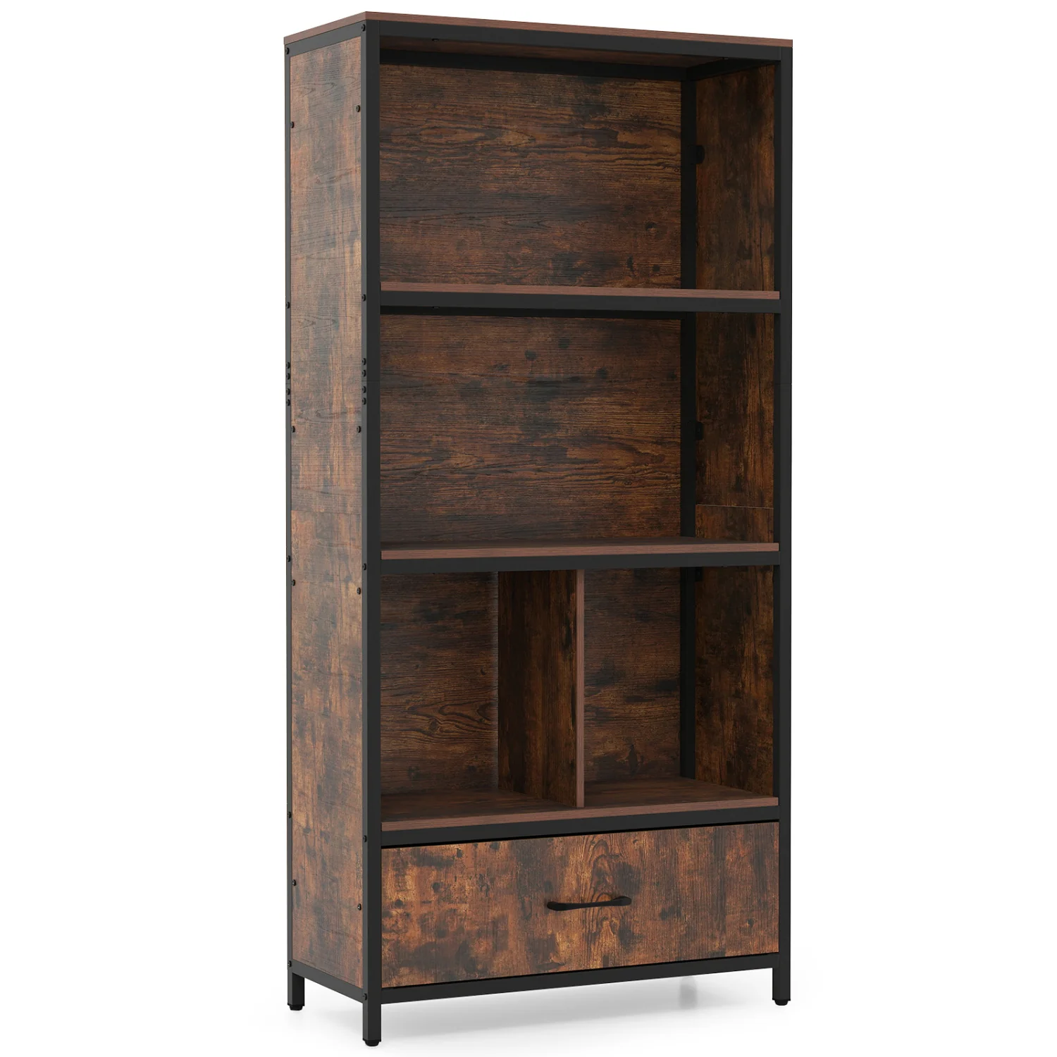 56" Tall Freestanding Bookcase with Drawer, 5 Tier, Rustic Brown