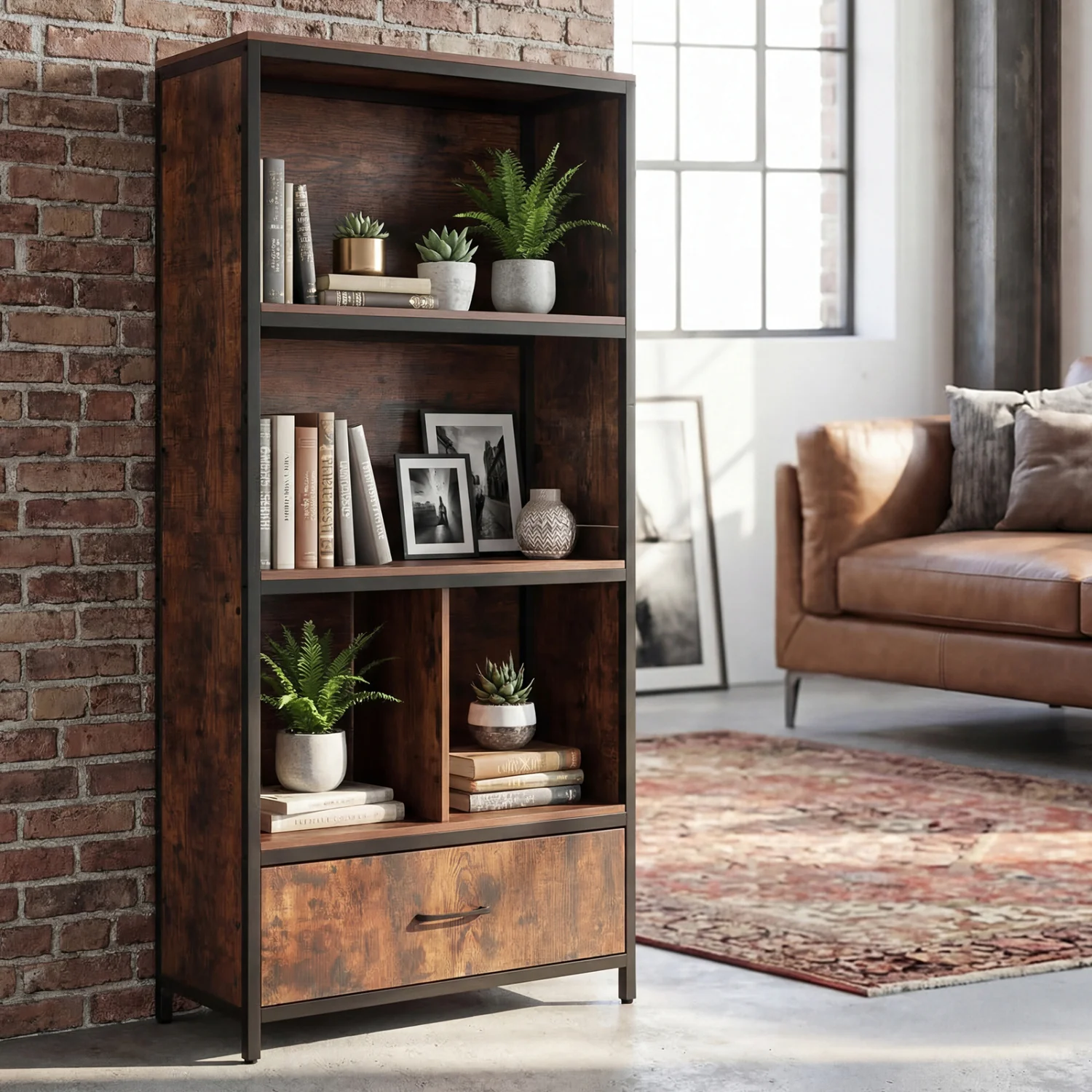 56" Tall Freestanding Bookcase with Drawer, 5 Tier, Rustic Brown - Image 3