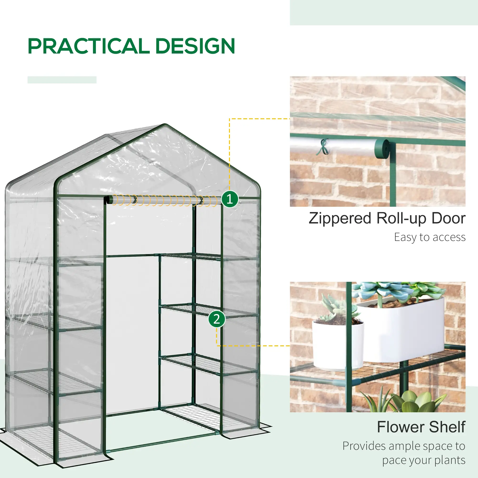 56” x 29” x 77” Walk-In Greenhouse, 4 Tier Shelves, Roll Up Door, Transparent - Image 5