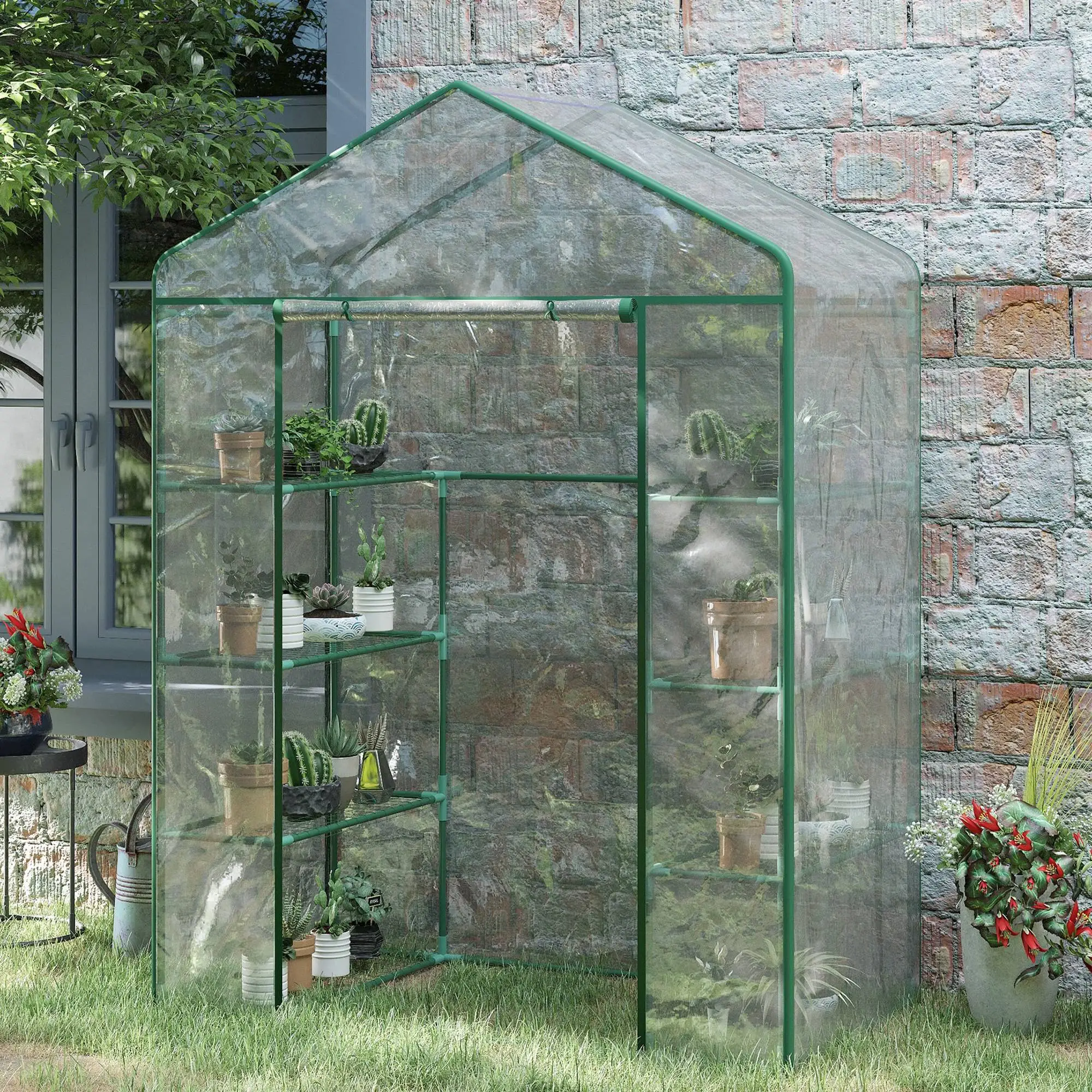 56” x 29” x 77” Walk-In Greenhouse, 4 Tier Shelves, Roll Up Door, Transparent - Image 8