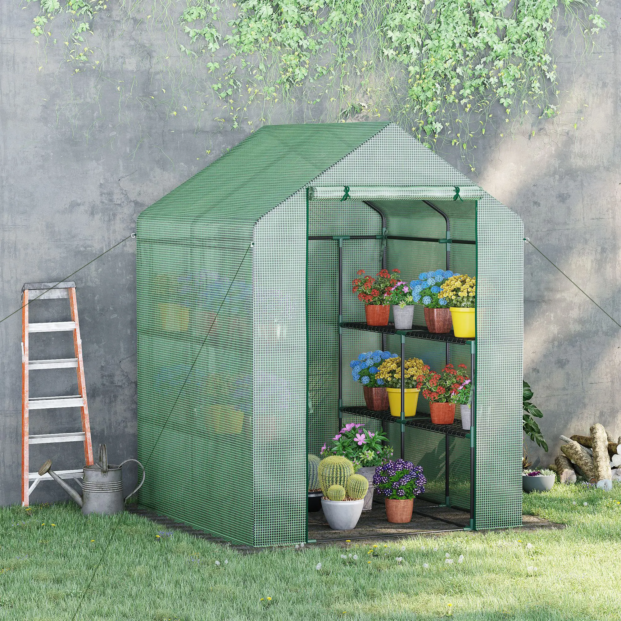 56" x 54" x 74" Walk-In Greenhouse, Portable Garden, 8 Shelves, PE Cover, Green - Image 8