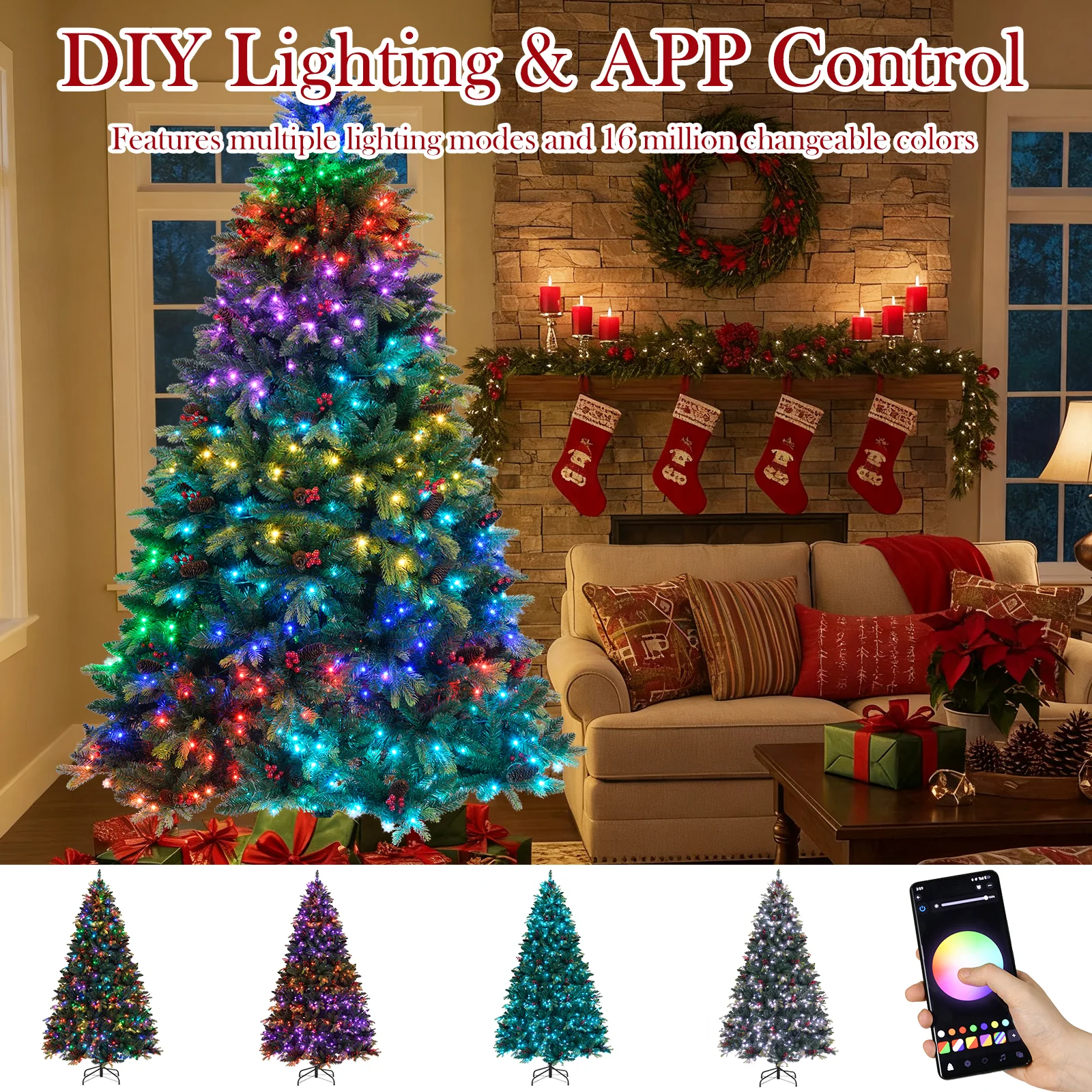 5/6/7/8 FT Artificial Christmas Tree with LED Lights and Remote APP Control-8 ft, Green - Image 10
