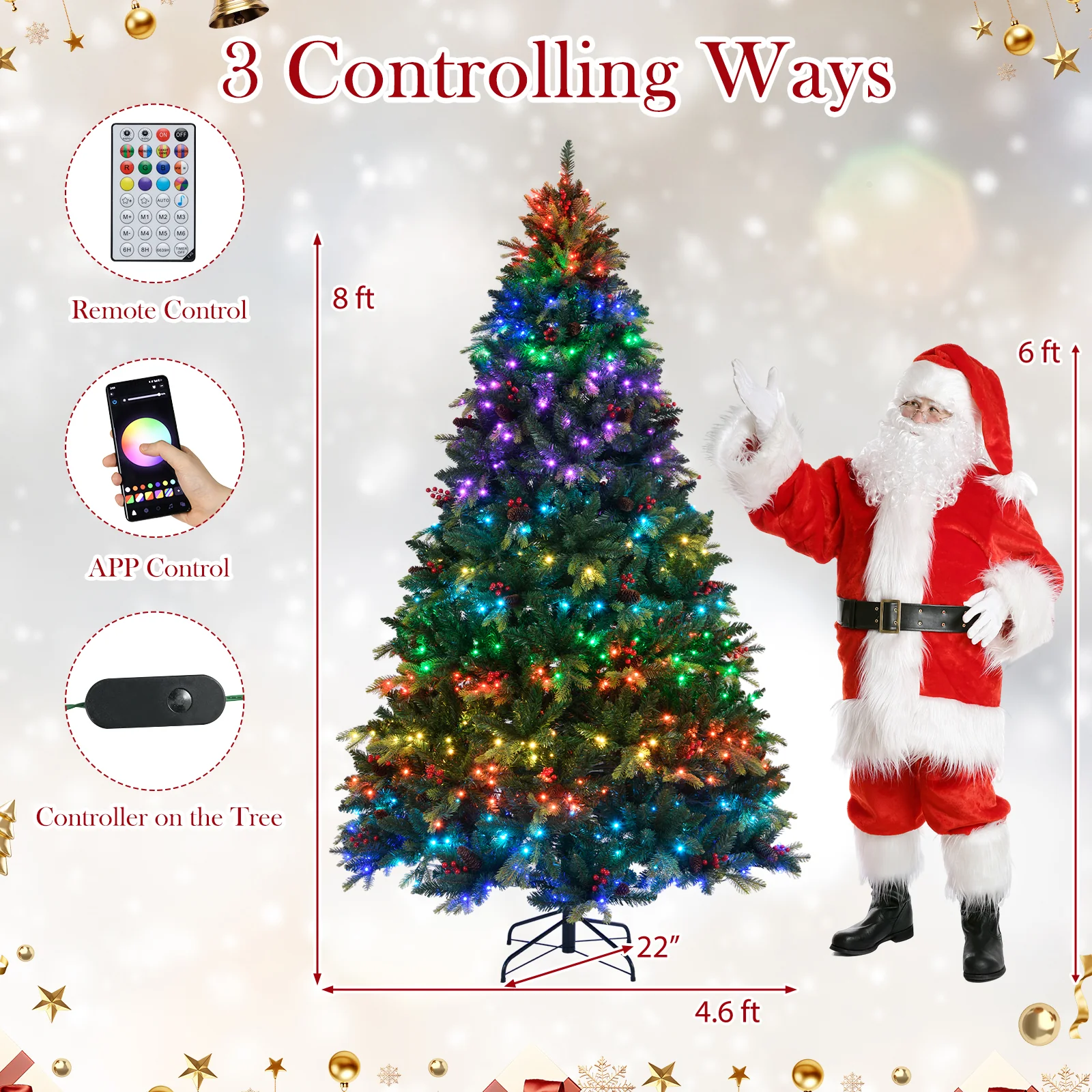 5/6/7/8 FT Artificial Christmas Tree with LED Lights and Remote APP Control-8 ft, Green - Image 6