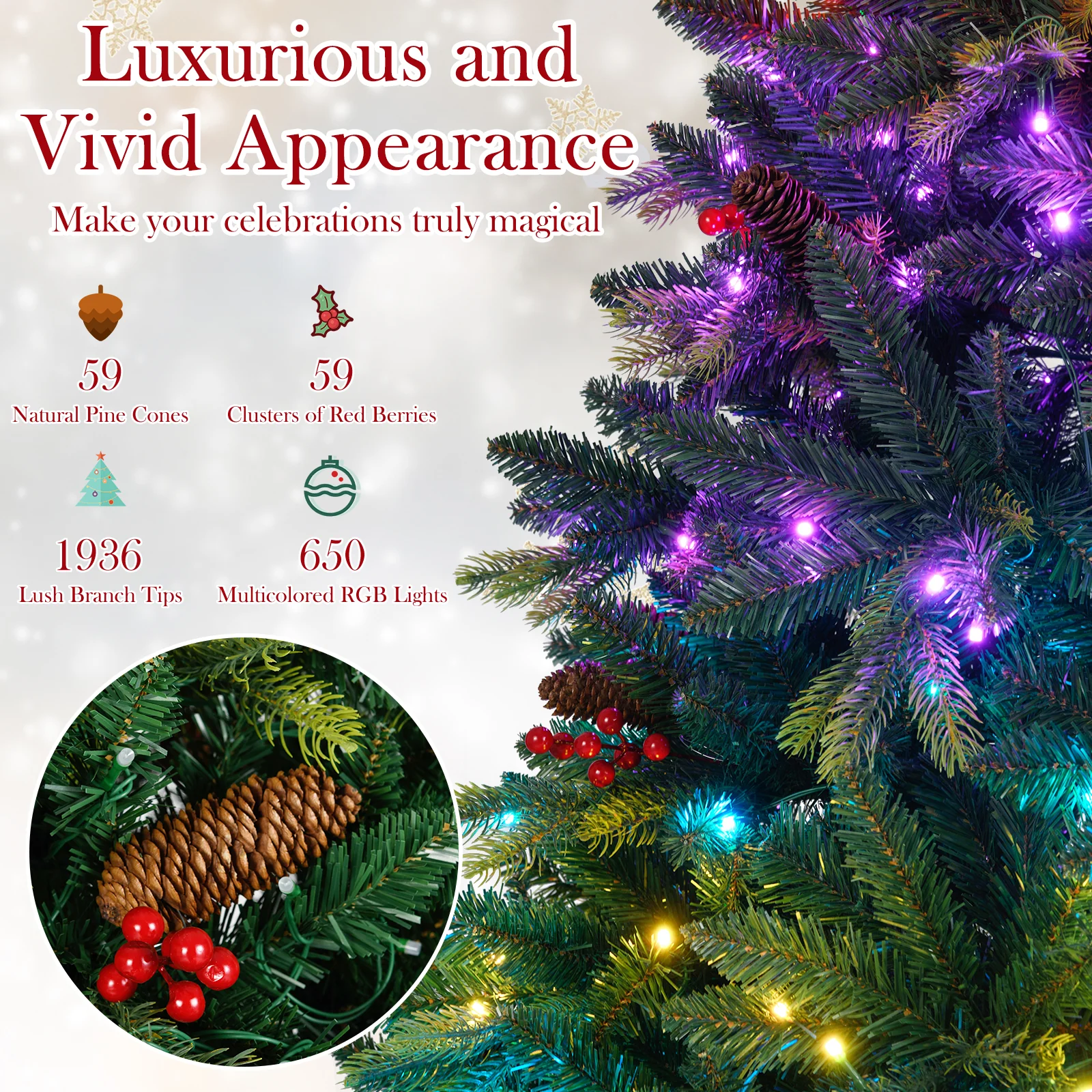 5/6/7/8 FT Artificial Christmas Tree with LED Lights and Remote APP Control-8 ft, Green - Image 8
