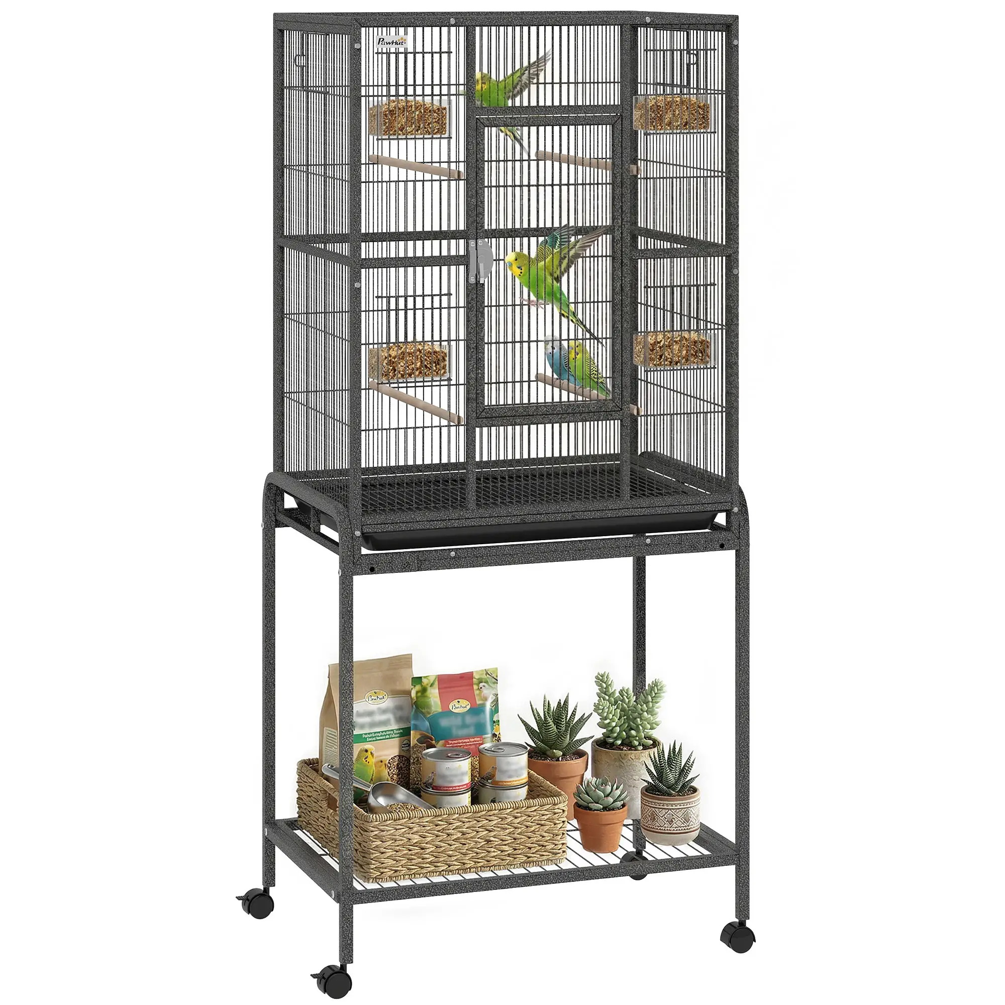 56"H Bird Cage, Parrot Cage w/ Detachable Rolling Stand, Removable Tray, Storage Shelf, Perches, Food Container - Image 11