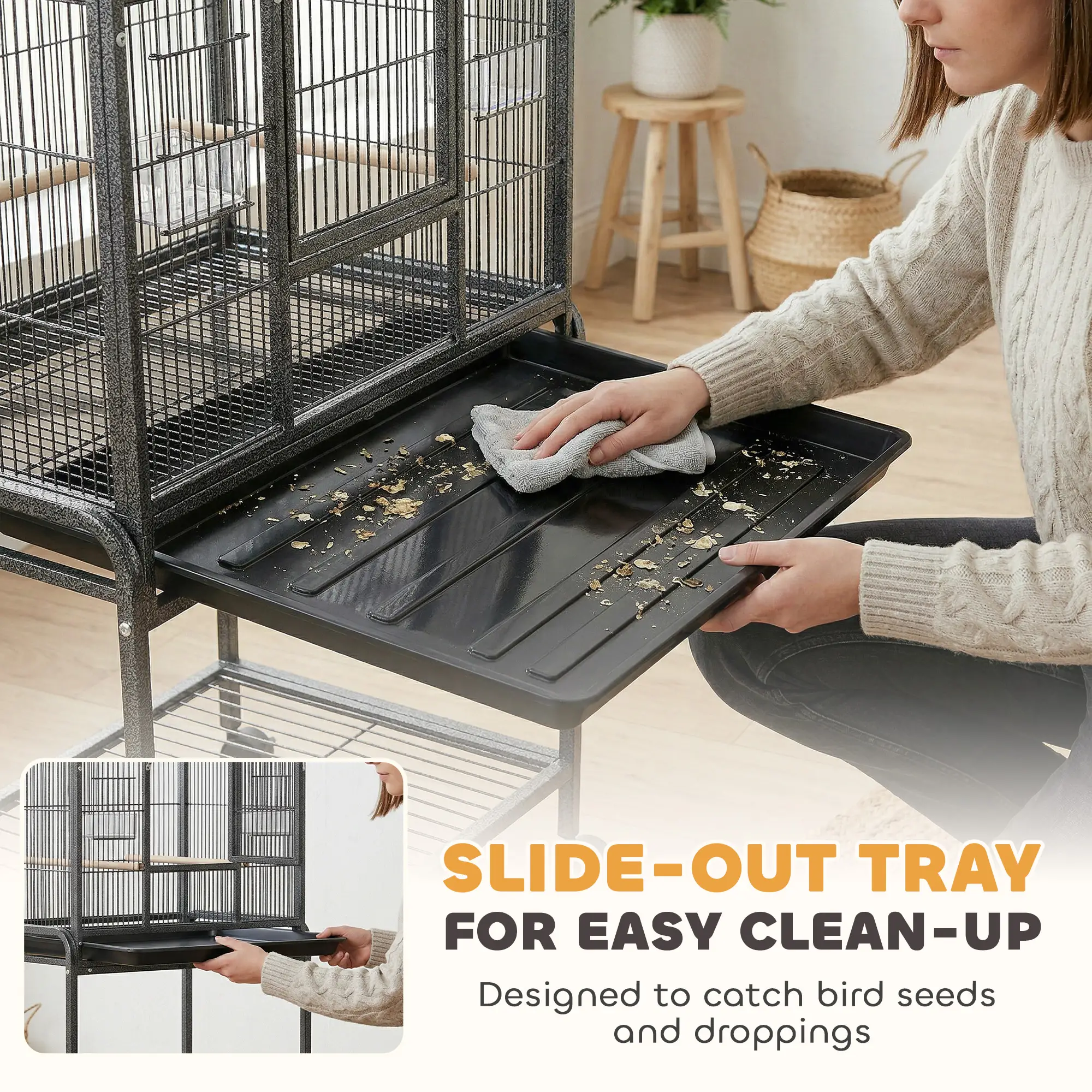 56"H Bird Cage, Parrot Cage w/ Detachable Rolling Stand, Removable Tray, Storage Shelf, Perches, Food Container - Image 4
