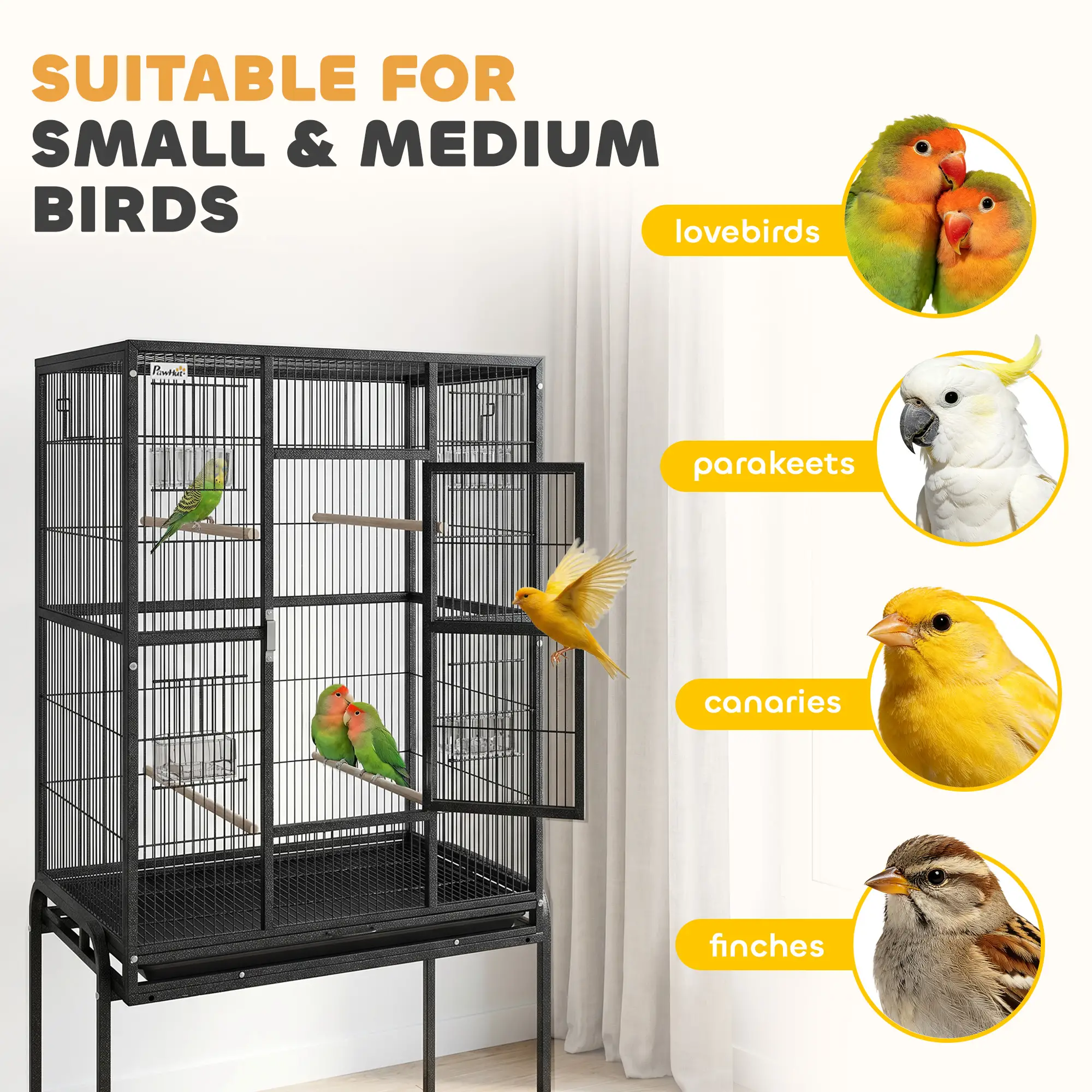 56"H Bird Cage, Parrot Cage w/ Detachable Rolling Stand, Removable Tray, Storage Shelf, Perches, Food Container - Image 7