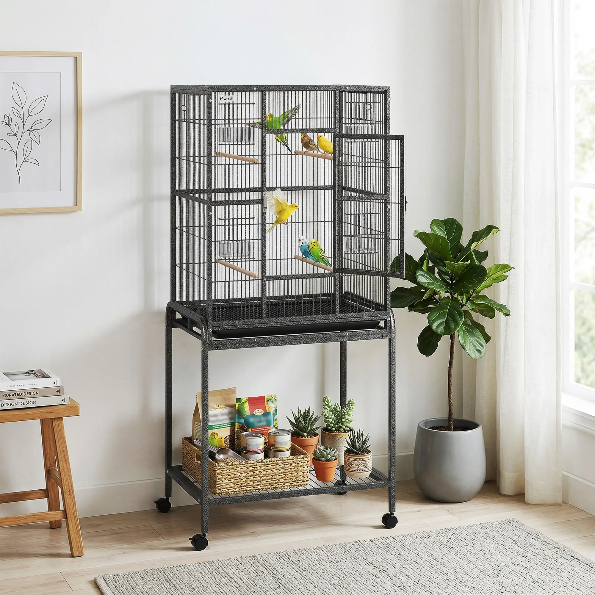 56"H Bird Cage, Parrot Cage w/ Detachable Rolling Stand, Removable Tray, Storage Shelf, Perches, Food Container - Image 8