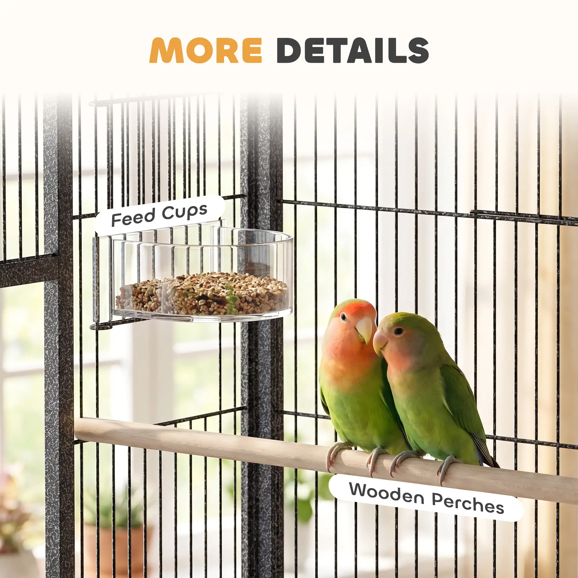 56"H Bird Cage, Parrot Cage w/ Detachable Rolling Stand, Removable Tray, Storage Shelf, Perches, Food Container - Image 9