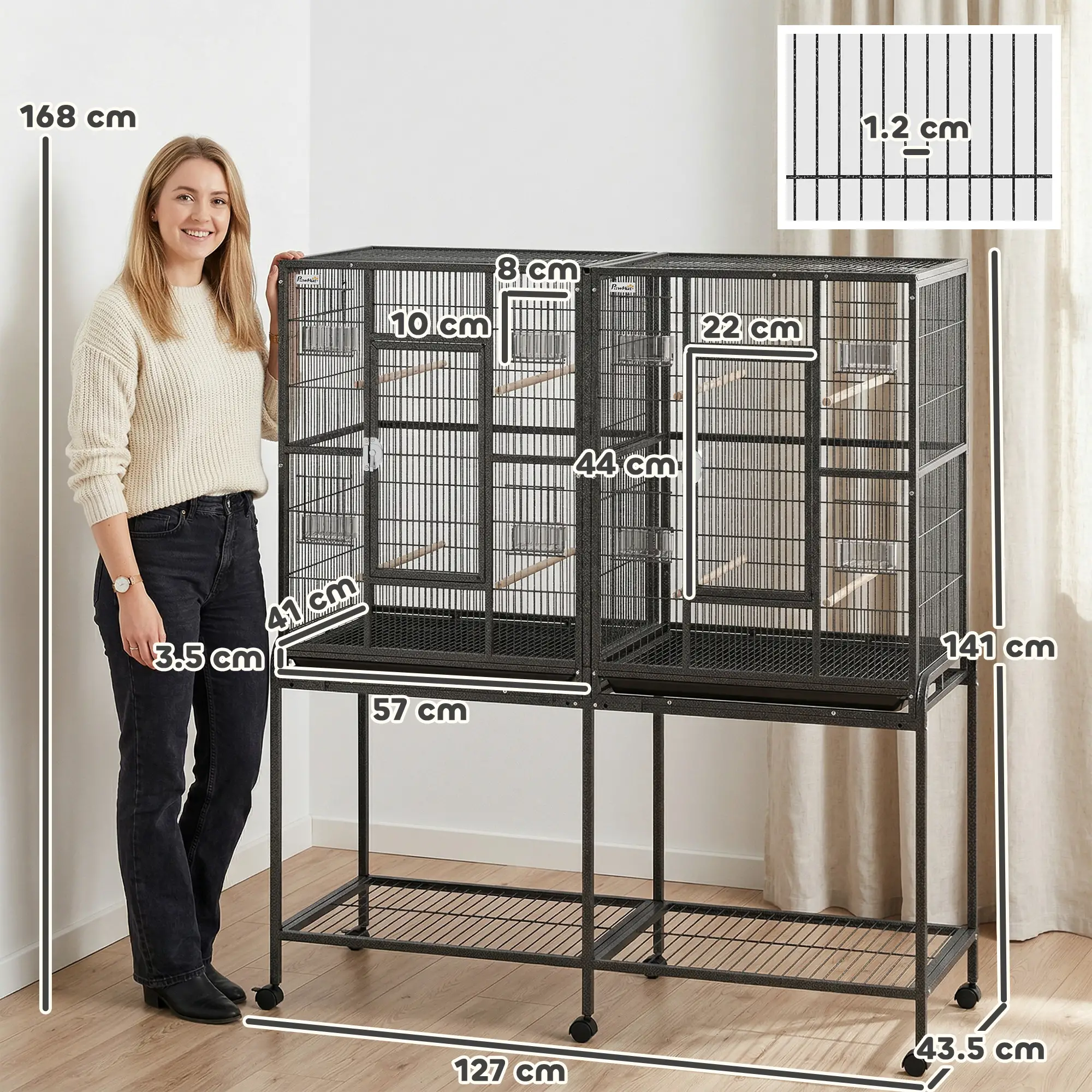 56"H Bird Cage, Parrot Cage w/ Detachable Rolling Stand, Removable Tray, Storage Shelf, Perches, Food Container - Image 3
