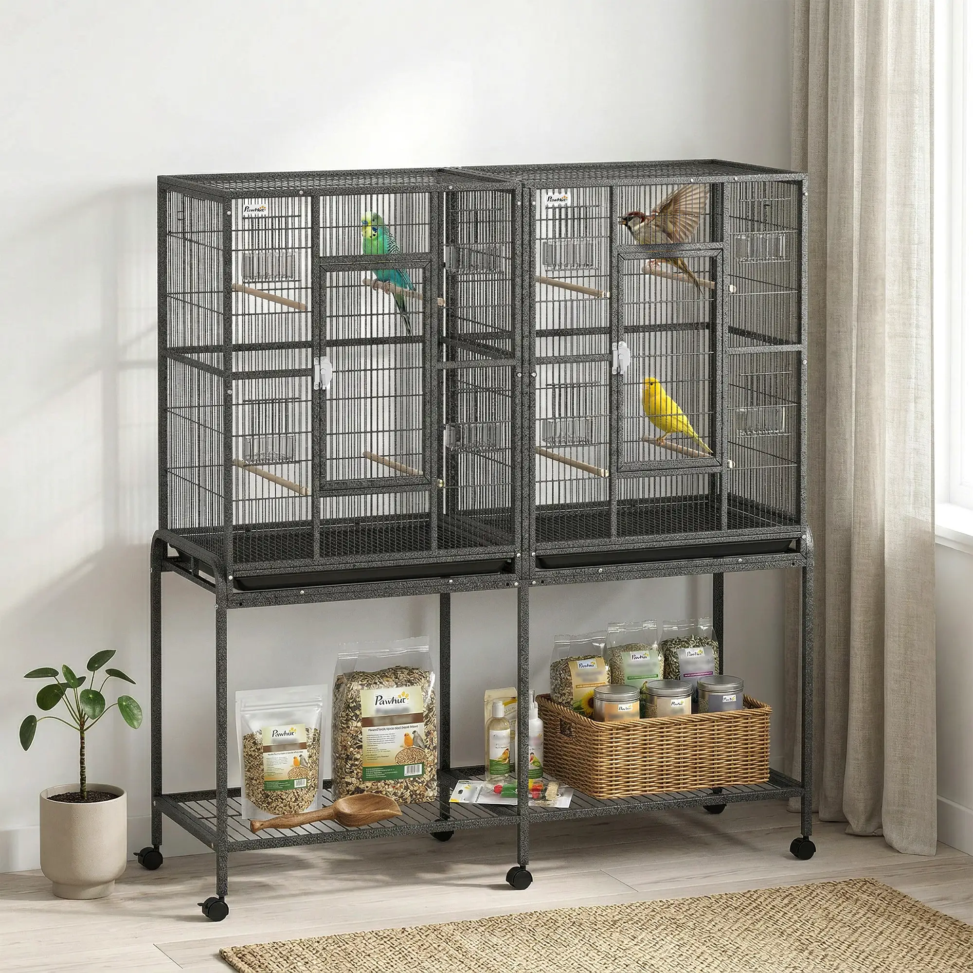 56"H Bird Cage, Parrot Cage w/ Detachable Rolling Stand, Removable Tray, Storage Shelf, Perches, Food Container - Image 8