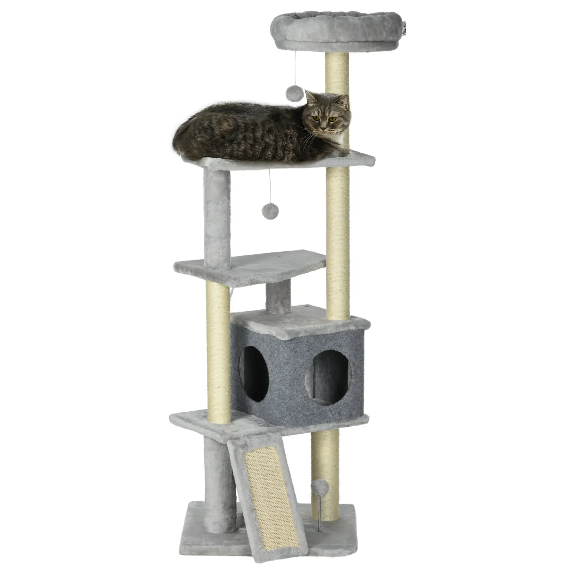 57.5" Cat Tree with Scratching Posts, Large Cat Tower, Bed, House, Toys, Grey