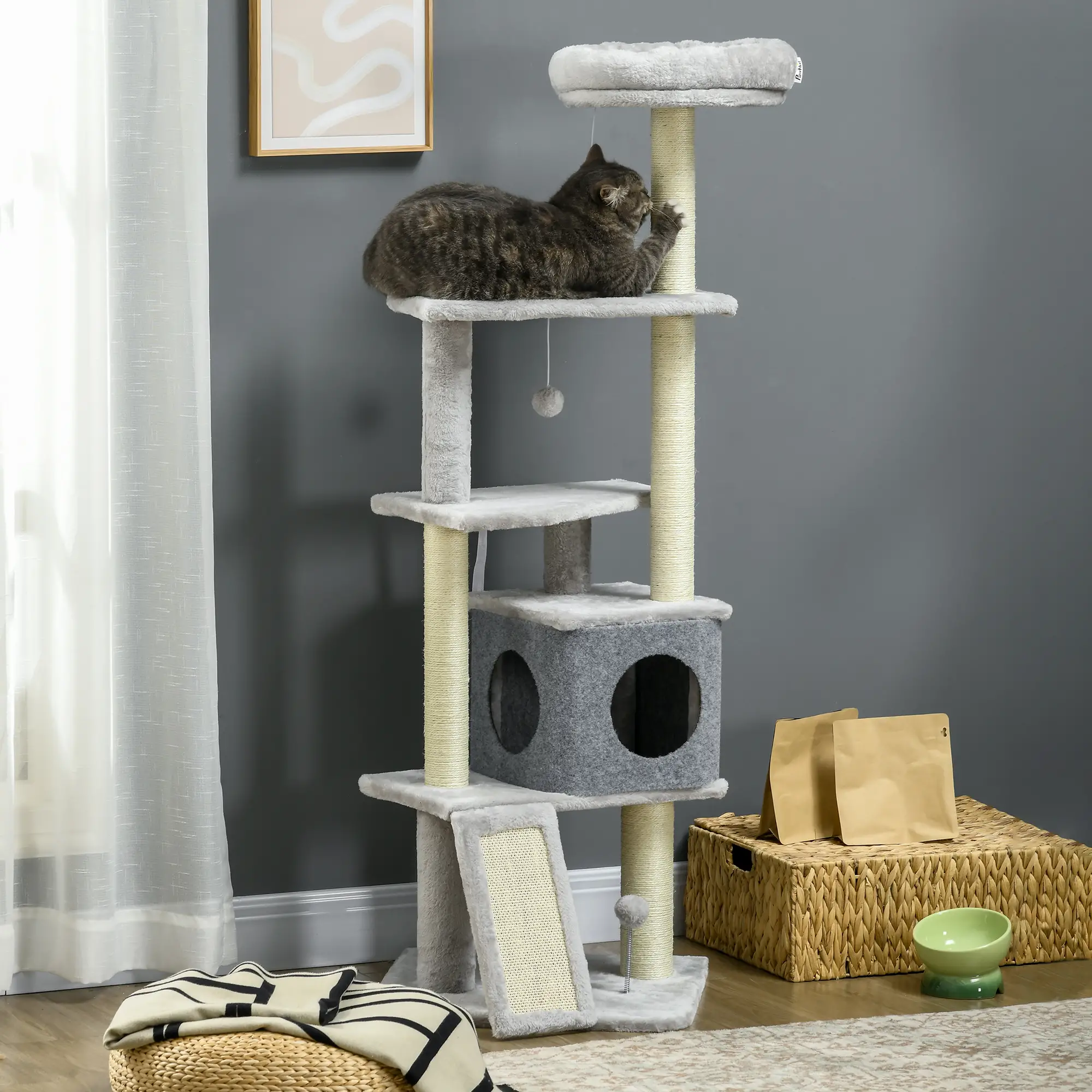 57.5" Cat Tree with Scratching Posts, Large Cat Tower, Bed, House, Toys, Grey - Image 2
