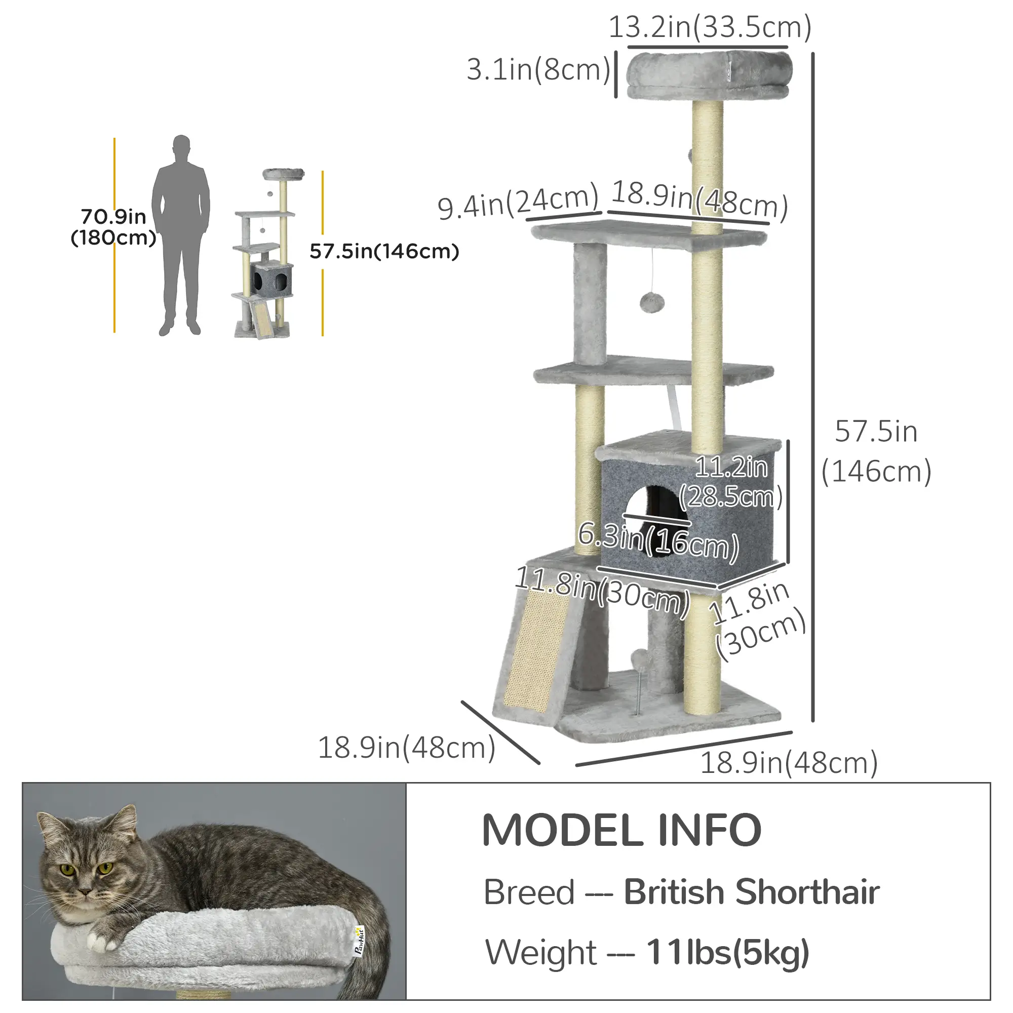 57.5" Cat Tree with Scratching Posts, Large Cat Tower, Bed, House, Toys, Grey - Image 3