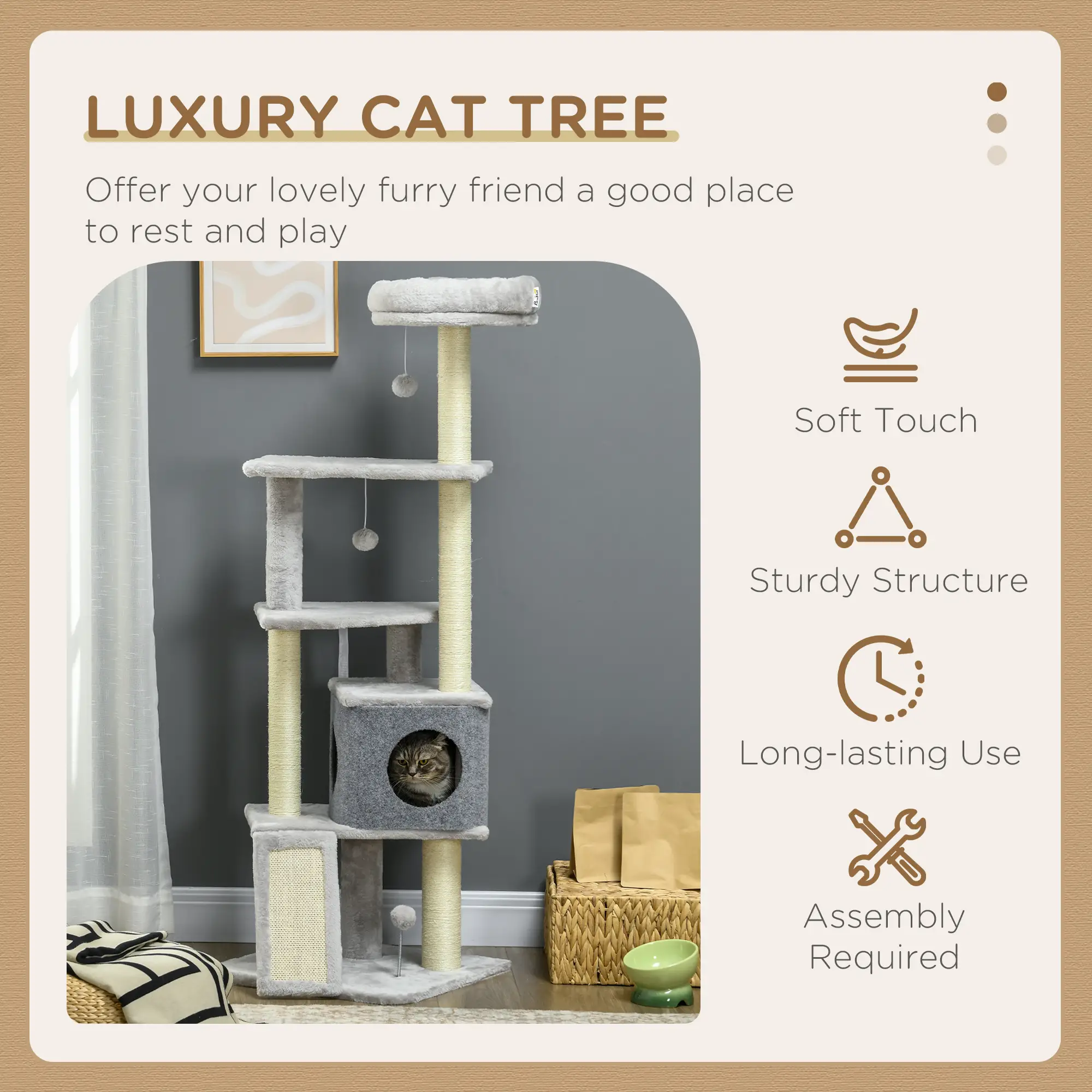 57.5" Cat Tree with Scratching Posts, Large Cat Tower, Bed, House, Toys, Grey - Image 4