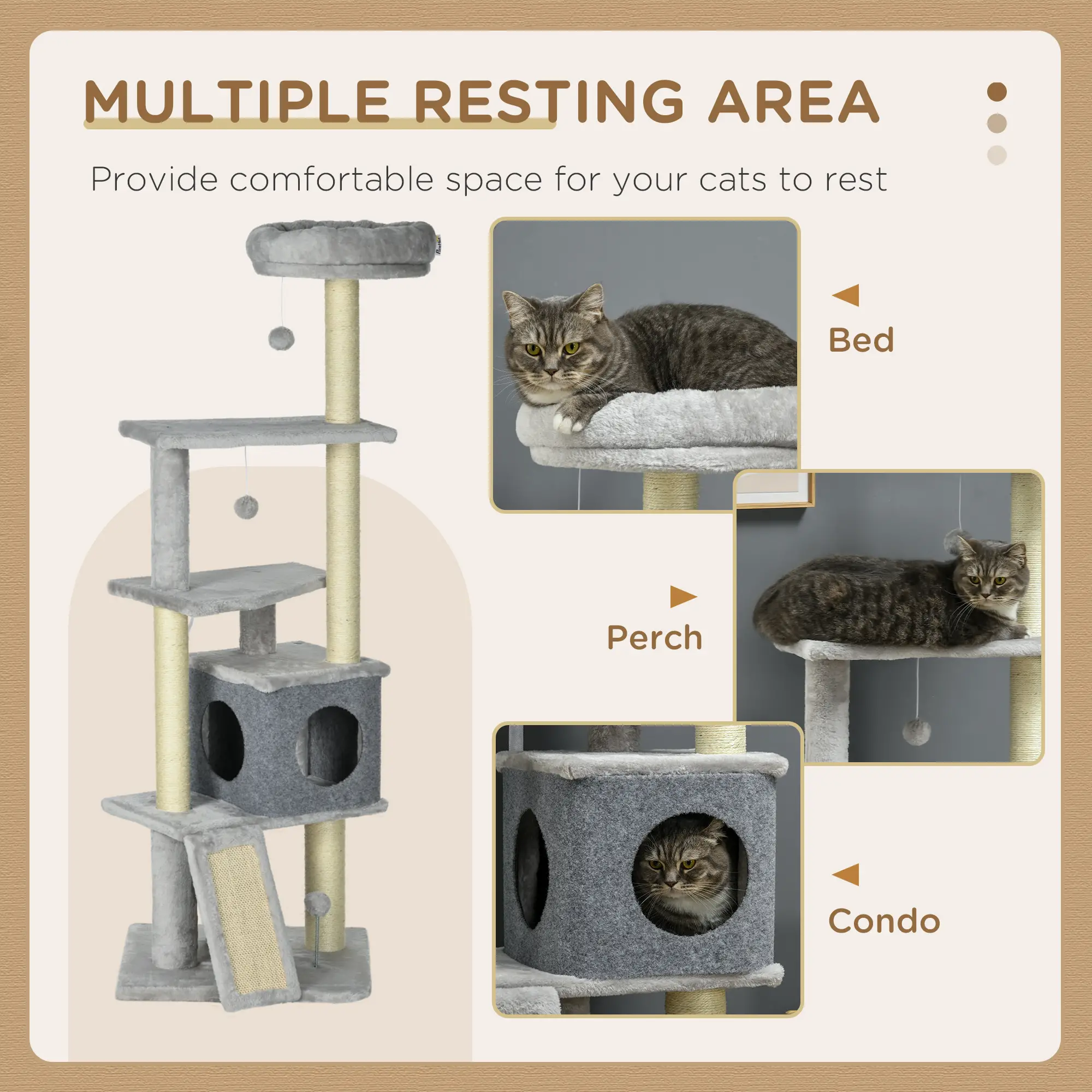57.5" Cat Tree with Scratching Posts, Large Cat Tower, Bed, House, Toys, Grey - Image 5