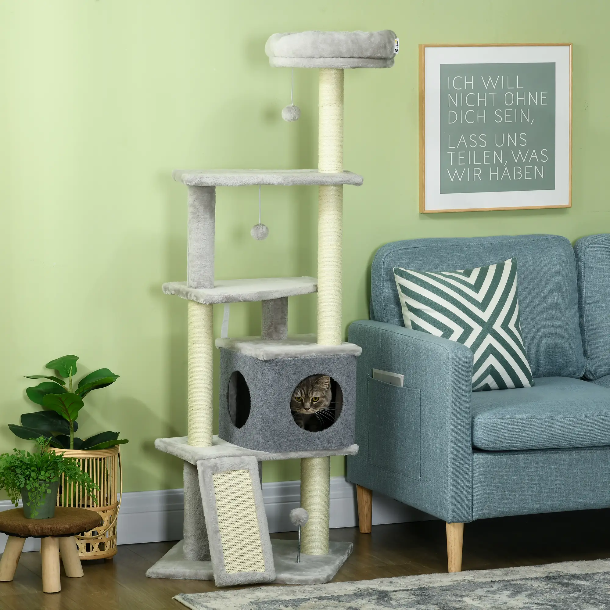 57.5" Cat Tree with Scratching Posts, Large Cat Tower, Bed, House, Toys, Grey - Image 8