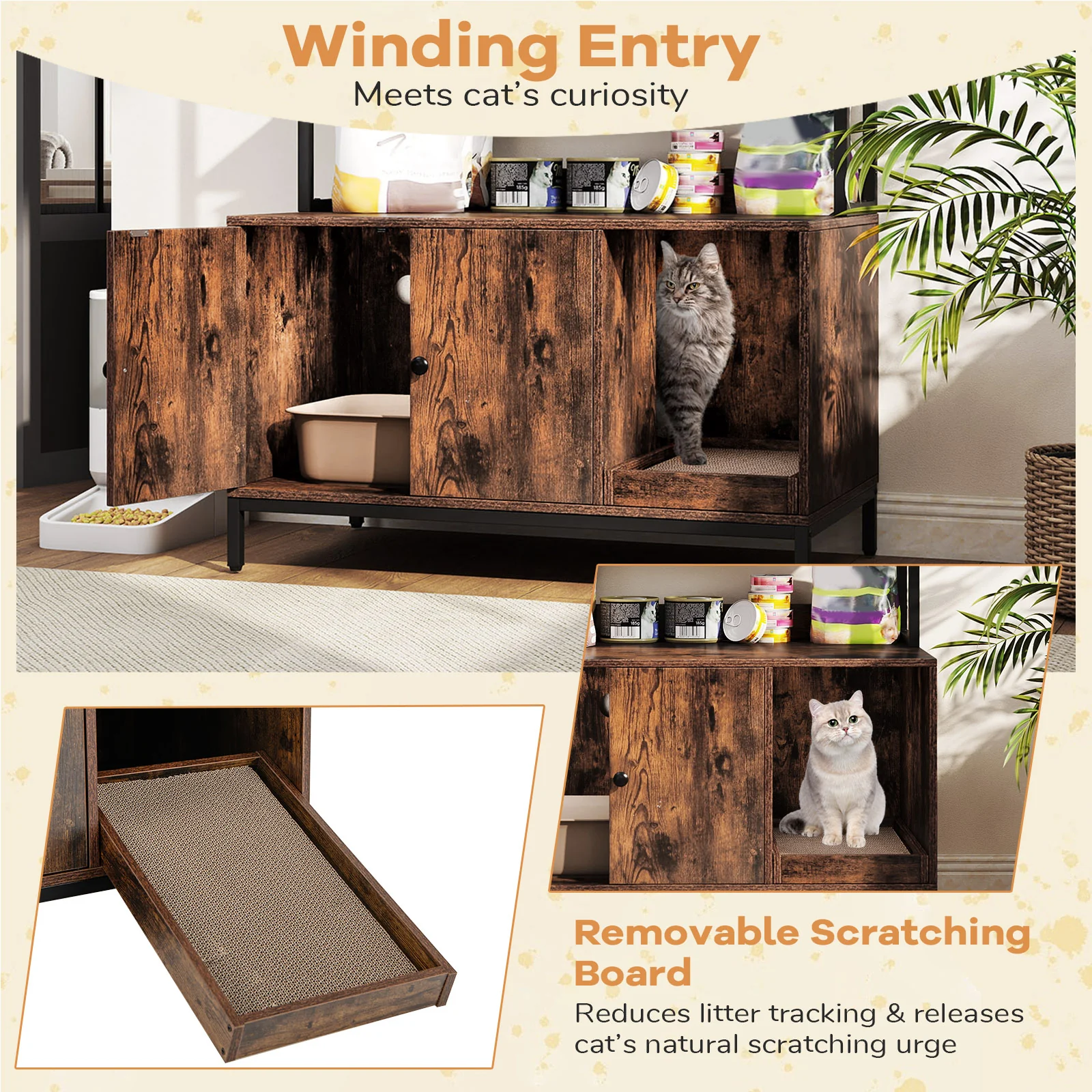 57 Inch Cat Litter Box Enclosure, Storage, Removable Scratcher, Coffee - Image 10