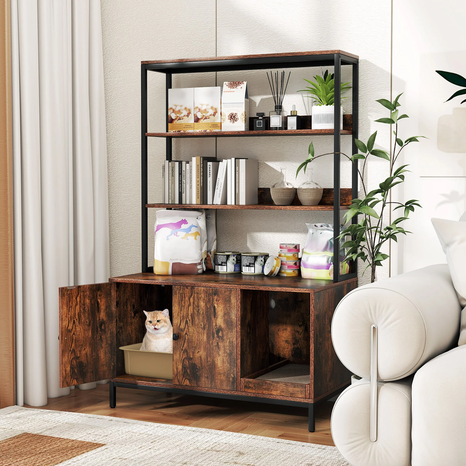 57 Inch Cat Litter Box Enclosure, Storage, Removable Scratcher, Coffee - Image 3