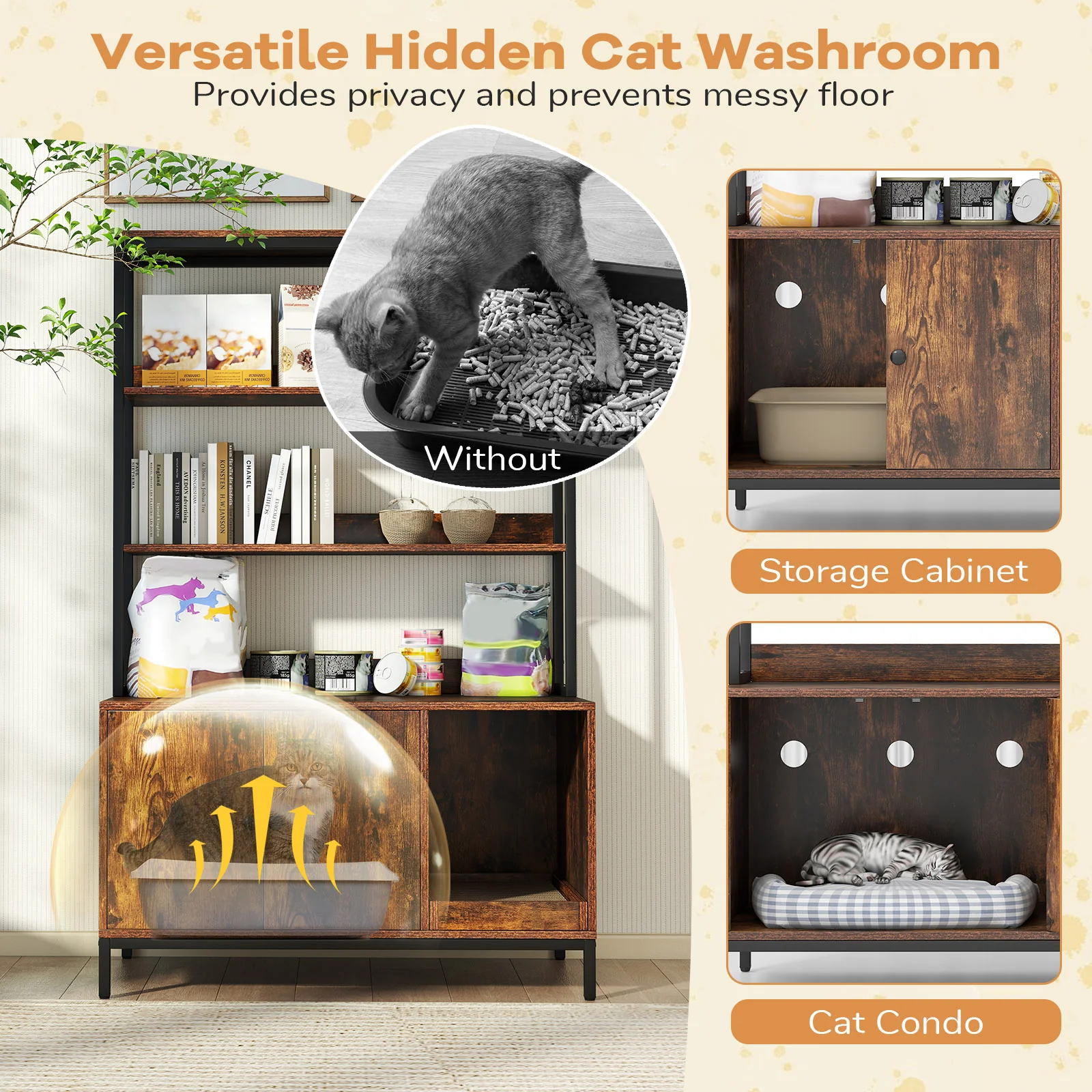 57 Inch Cat Litter Box Enclosure, Storage, Removable Scratcher, Coffee - Image 9