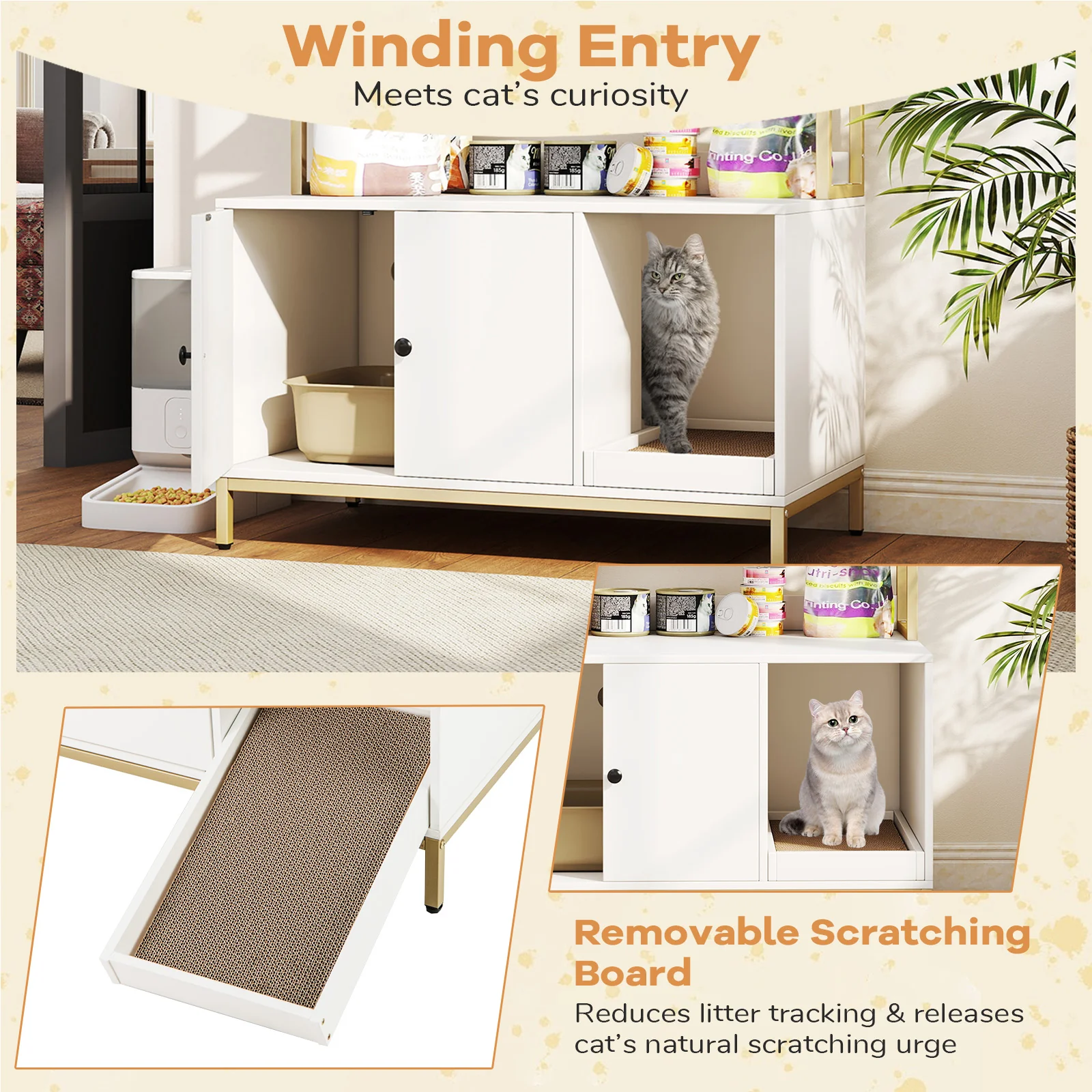57 Inch Cat Litter Box Enclosure, Storage, Removable Scratcher, White - Image 10
