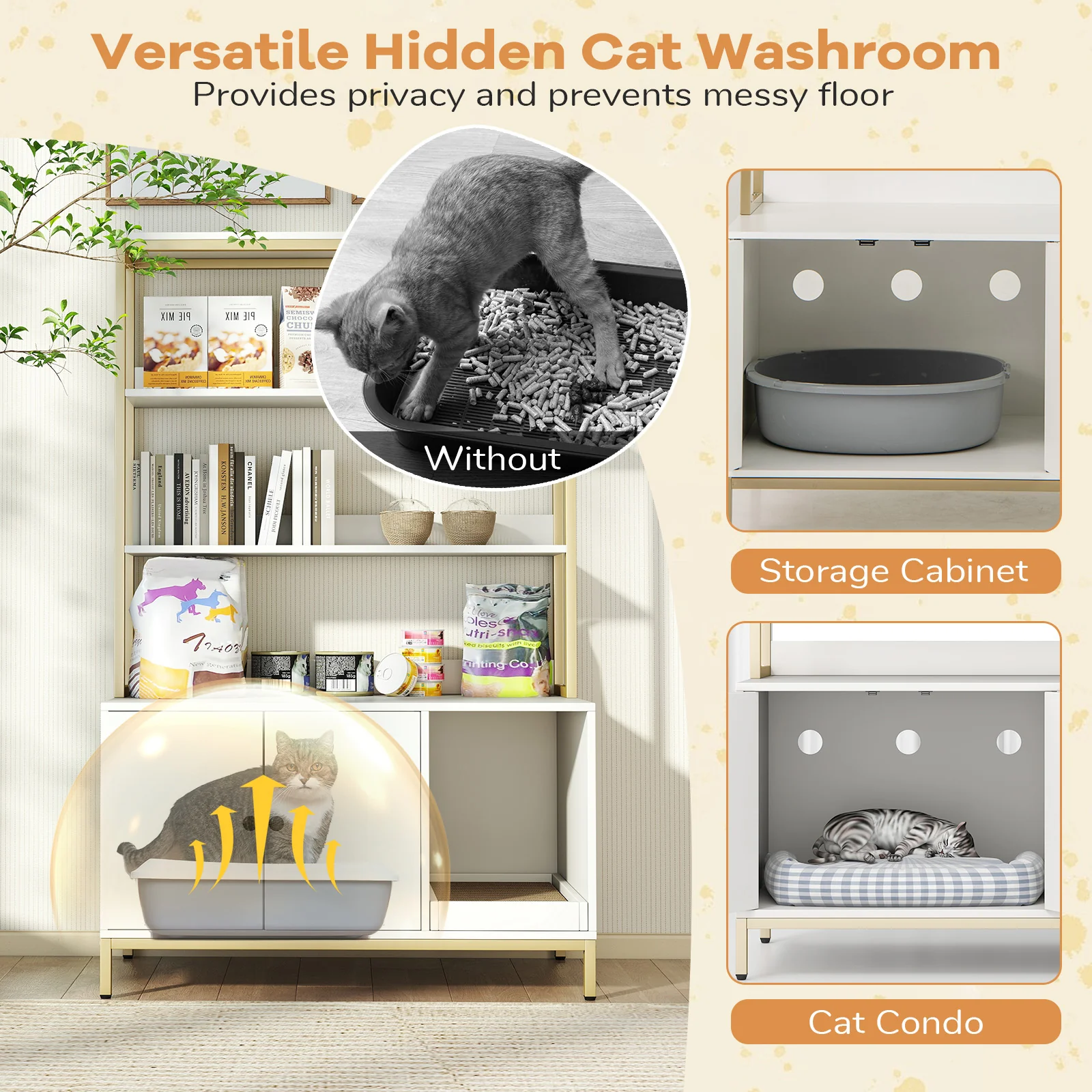 57 Inch Cat Litter Box Enclosure, Storage, Removable Scratcher, White - Image 9