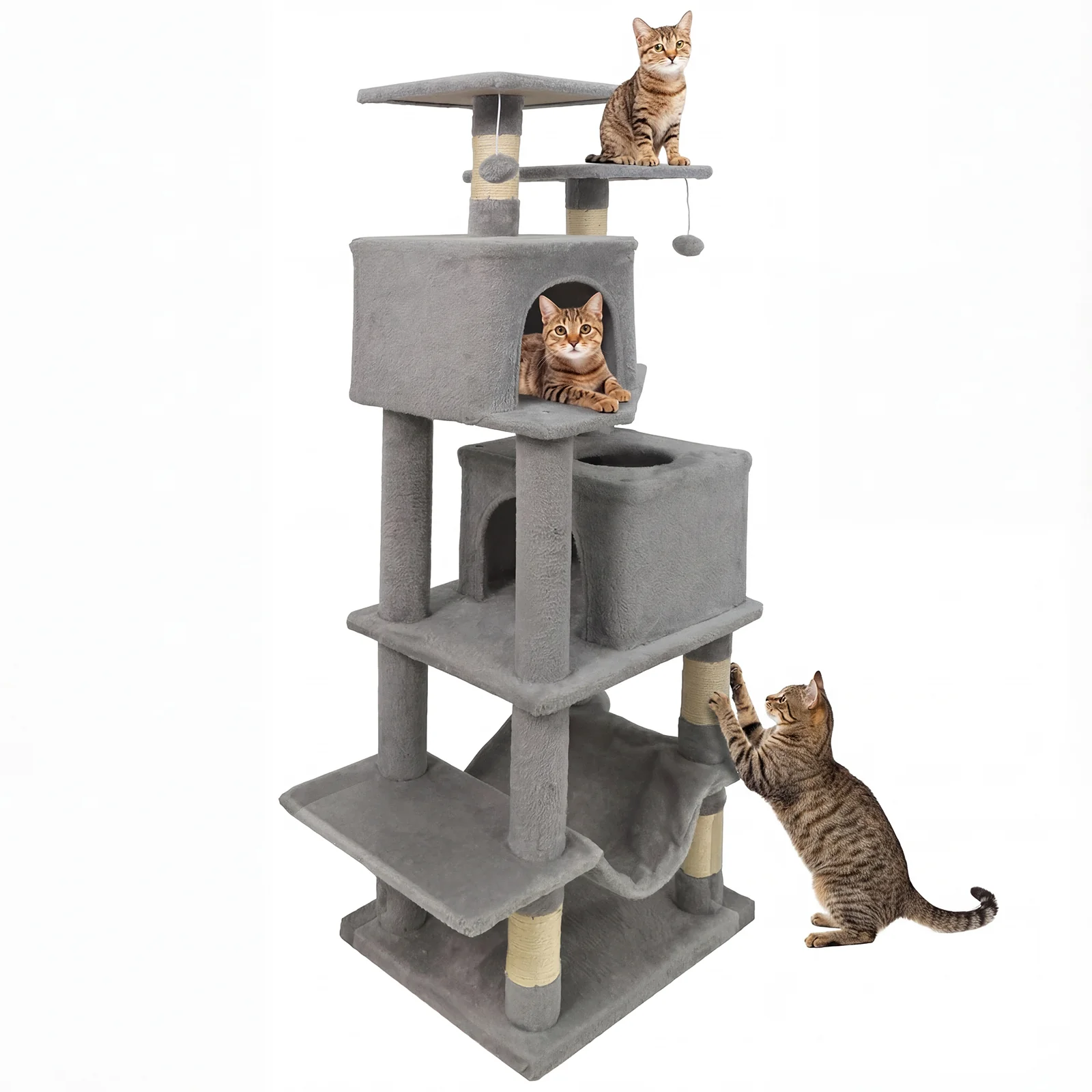 57 Inch Cat Tree with Dual Condos and Hammock and 2 Dangling Balls, Light Gray